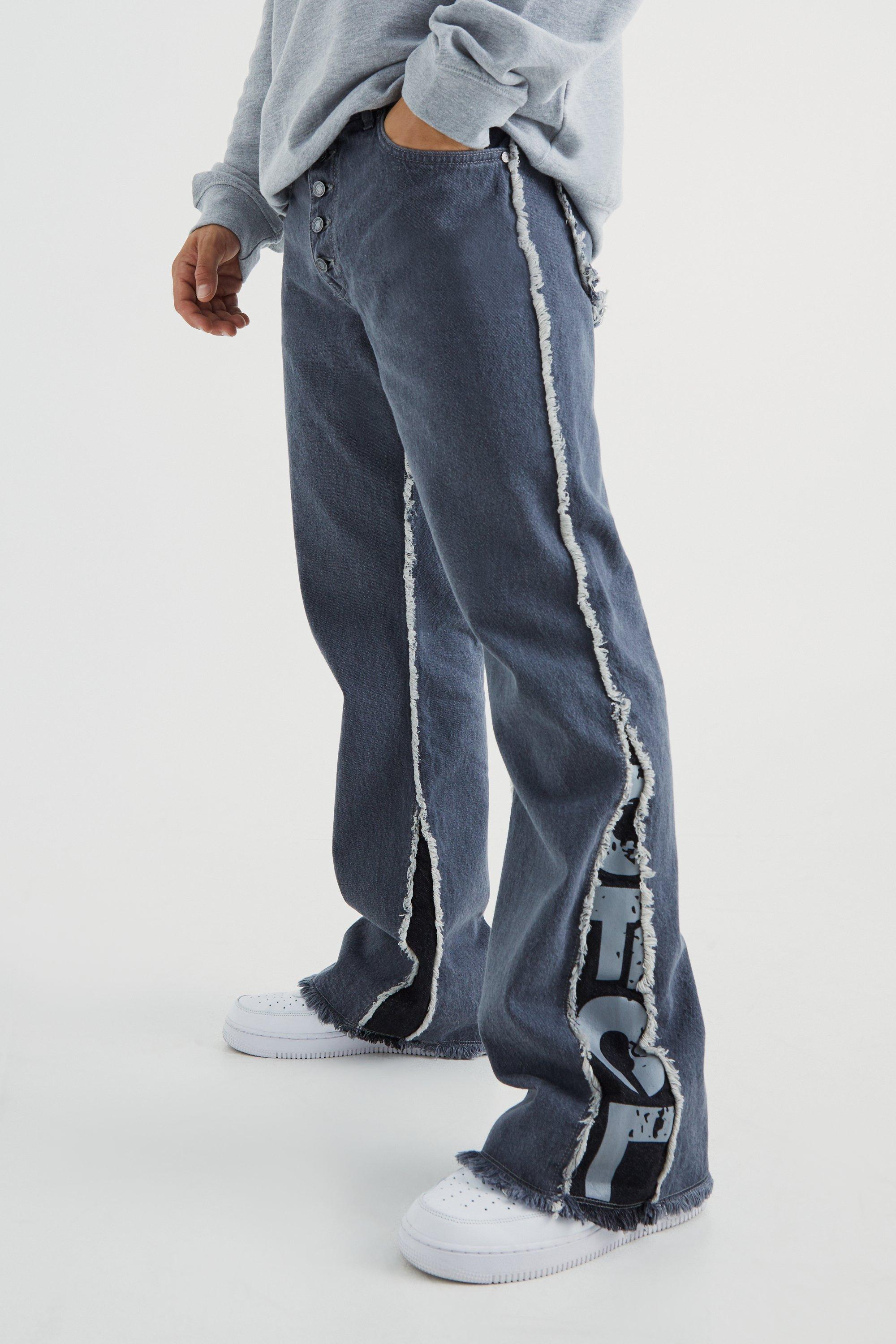 Image of Jeans a zampa in denim rigido rilassati con pannelli, Grigio