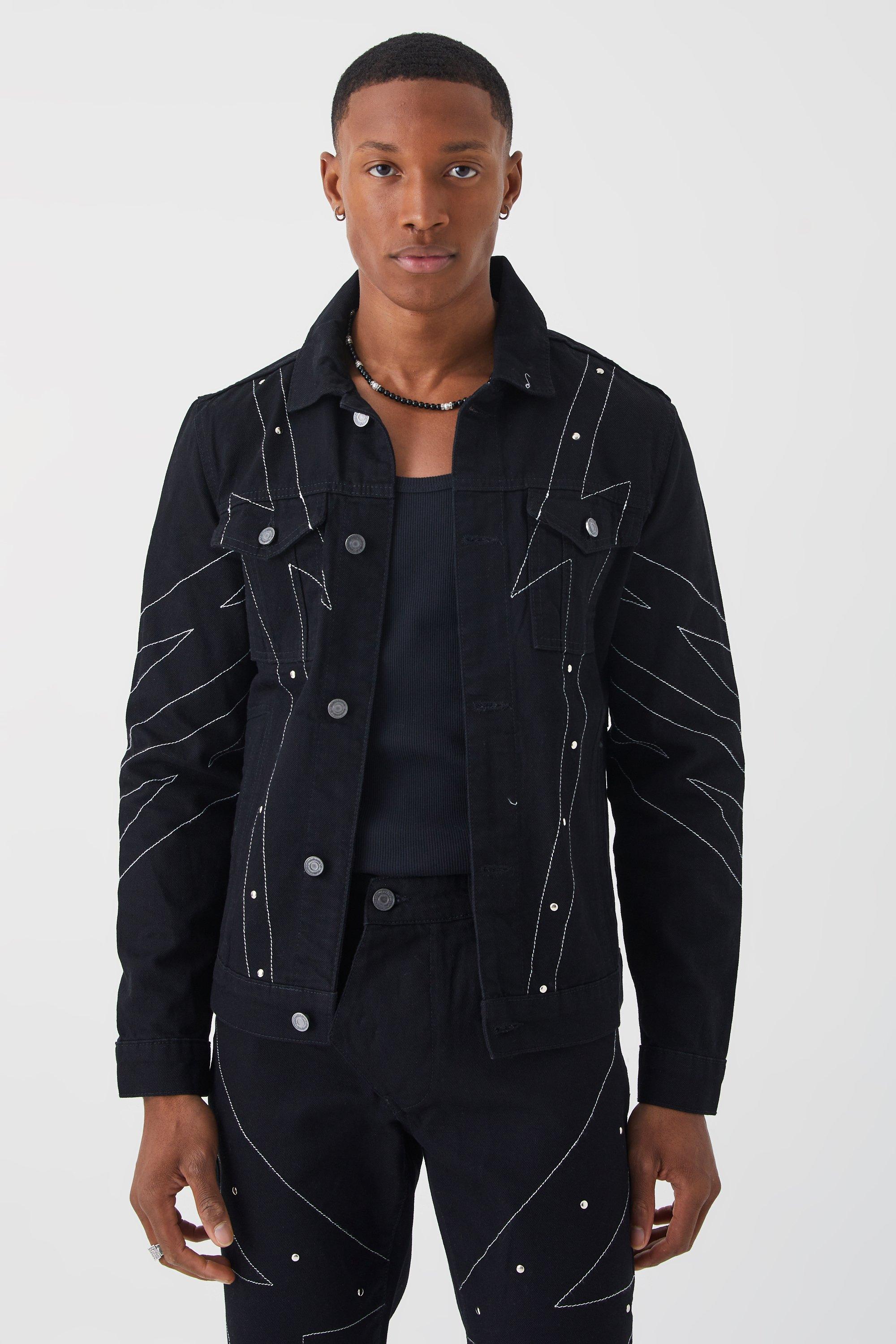 Mens Black Studded Denim Jacket With Contrast Stitch, Black