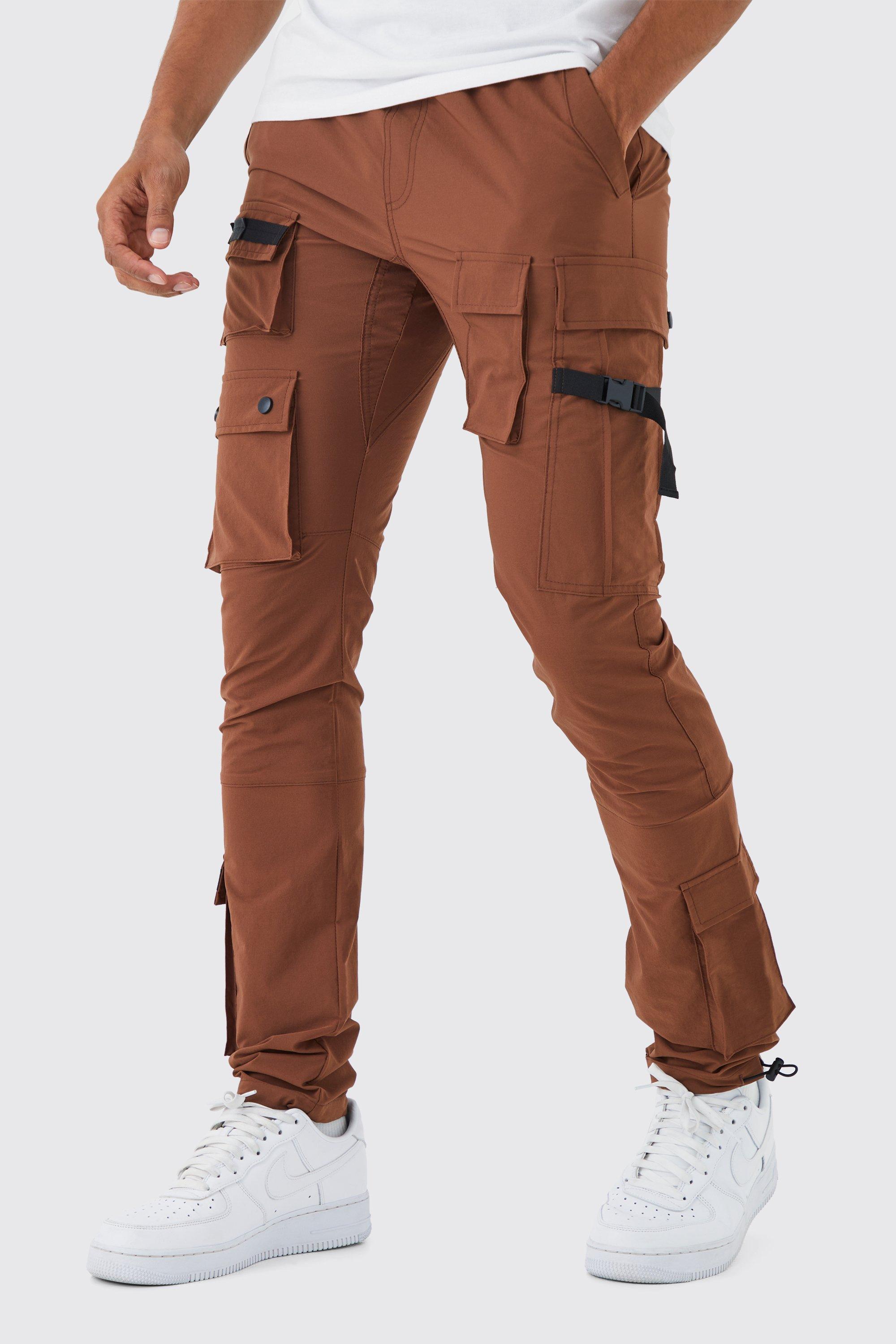 Mens Brown Elastic Waist Slim Multi Cargo Strap Trouser, Brown