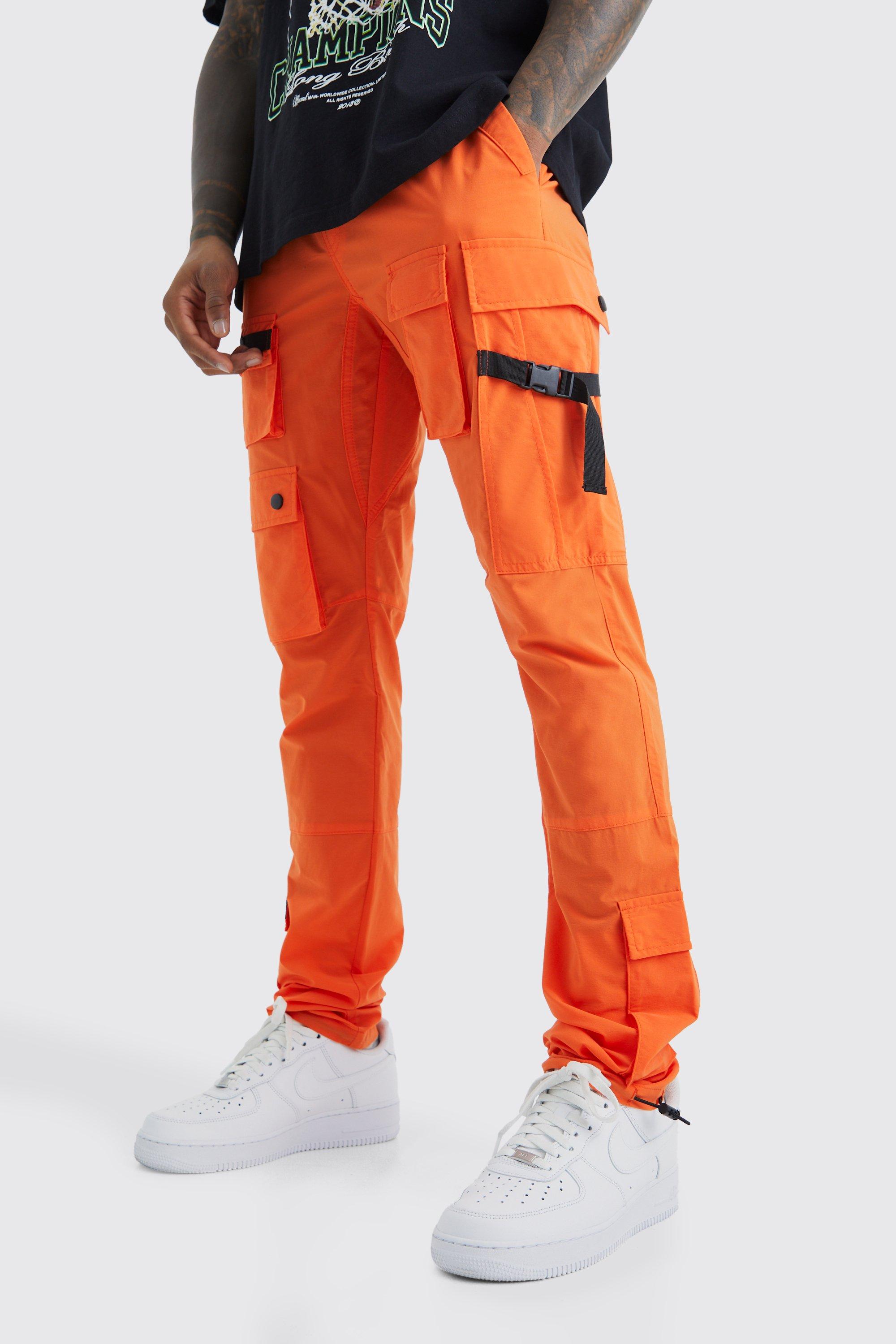 Mens Orange Elasticated Waist Slim Multi Cargo Strap Trouser, Orange