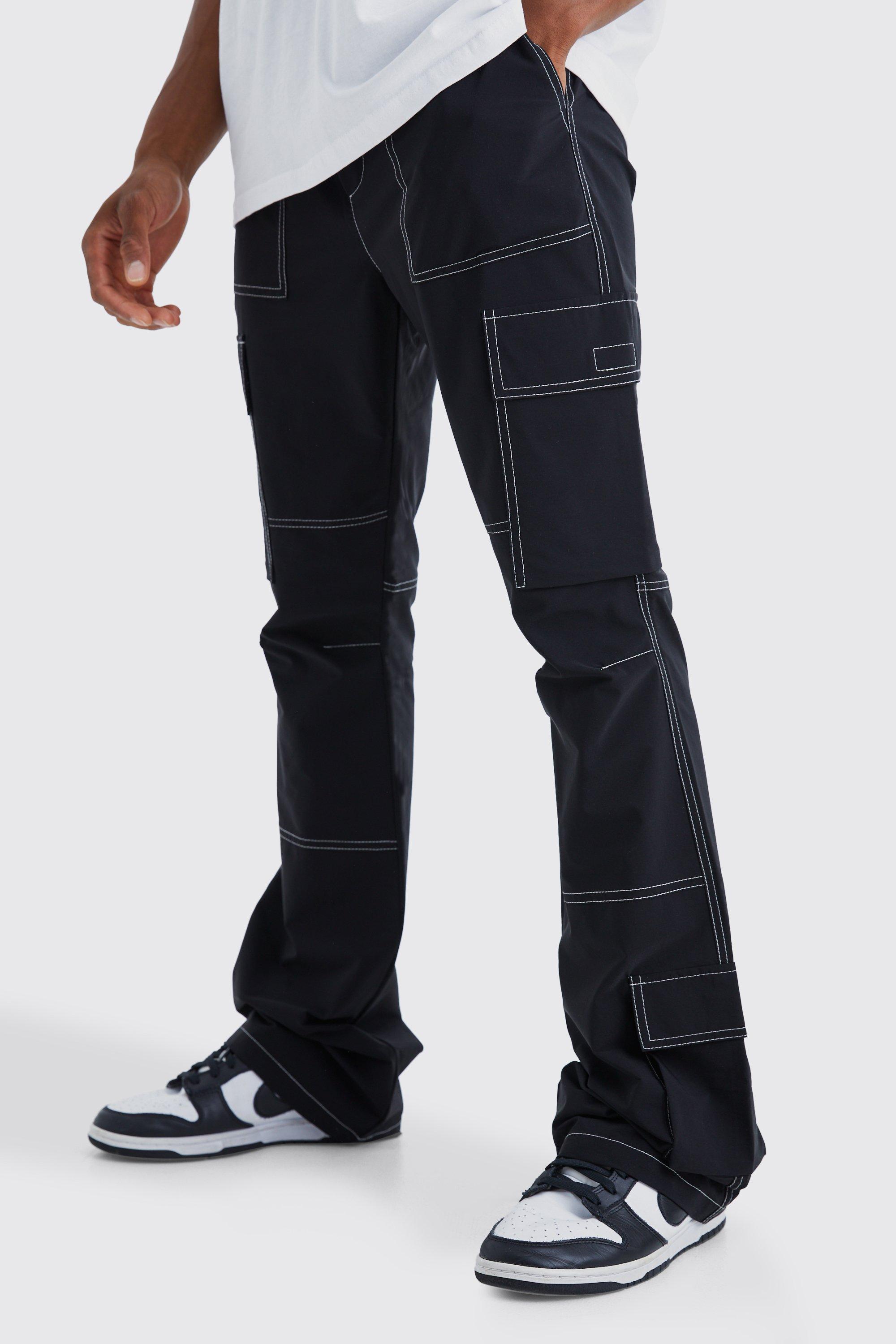 Image of Pantaloni Cargo Slim Fit a zampa con vita elasticizzata e cuciture a contrasto, Nero
