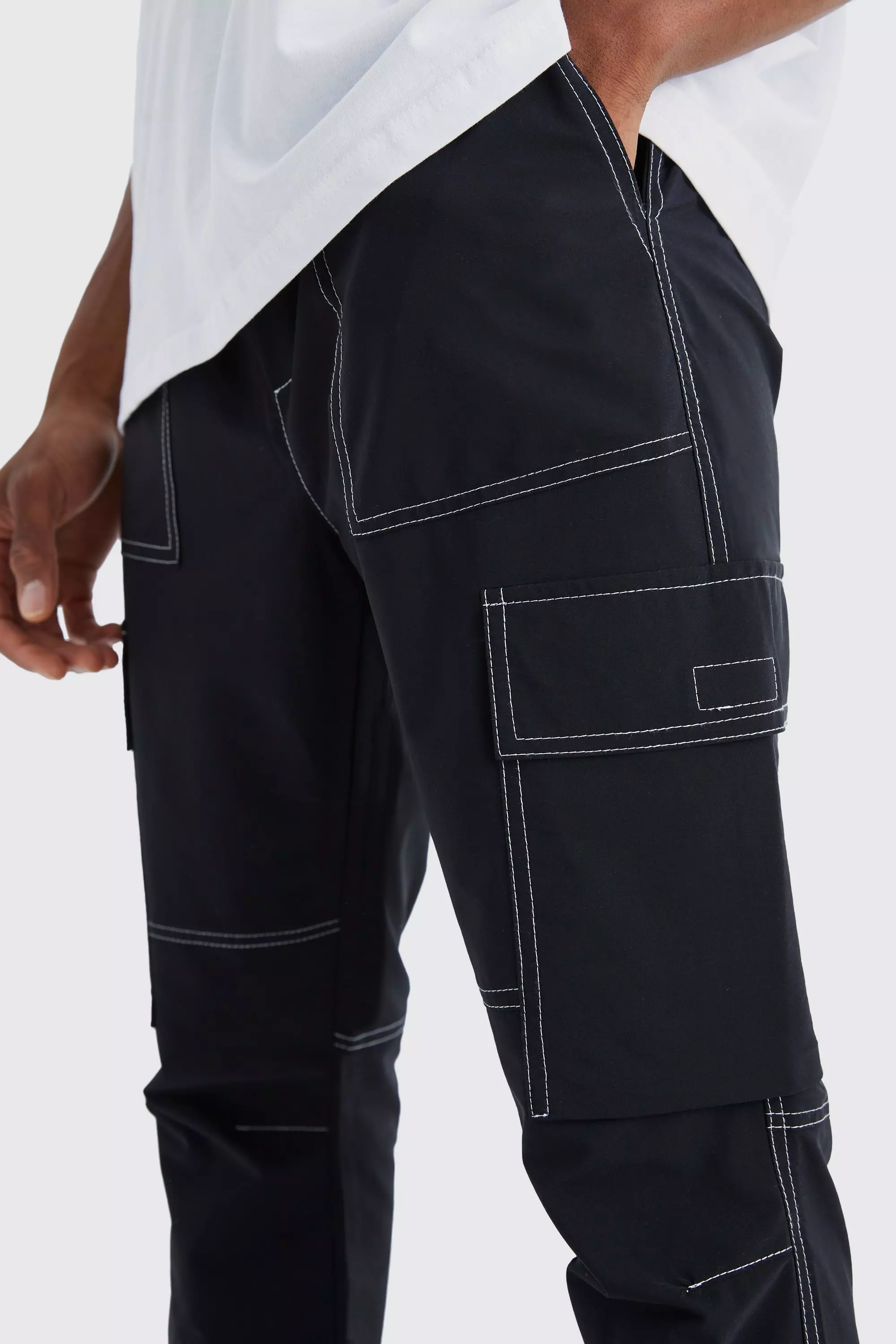 Black contrast store stitch cargo pants