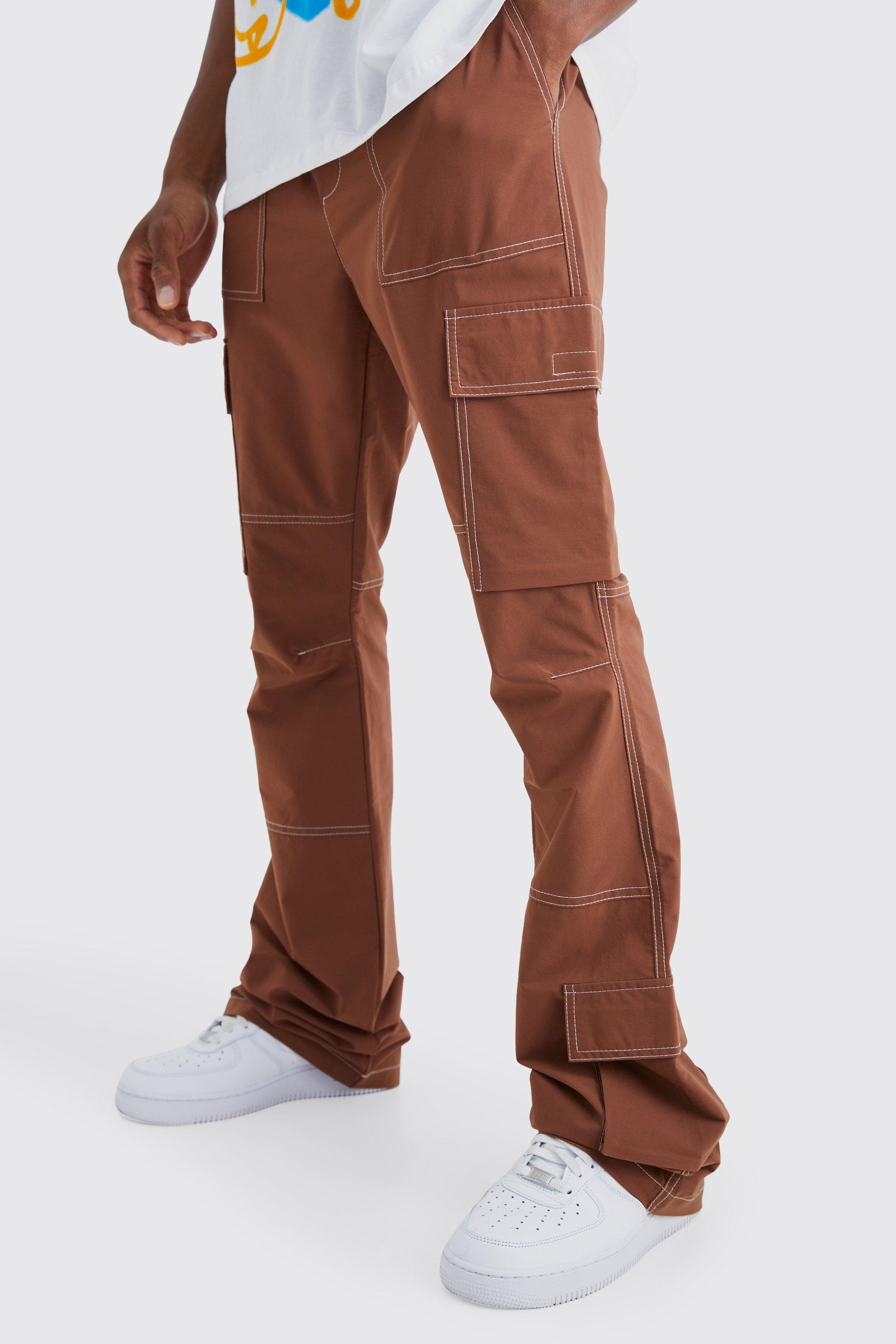 Image of Pantaloni Cargo Slim Fit a zampa con vita elasticizzata e cuciture a contrasto, Brown