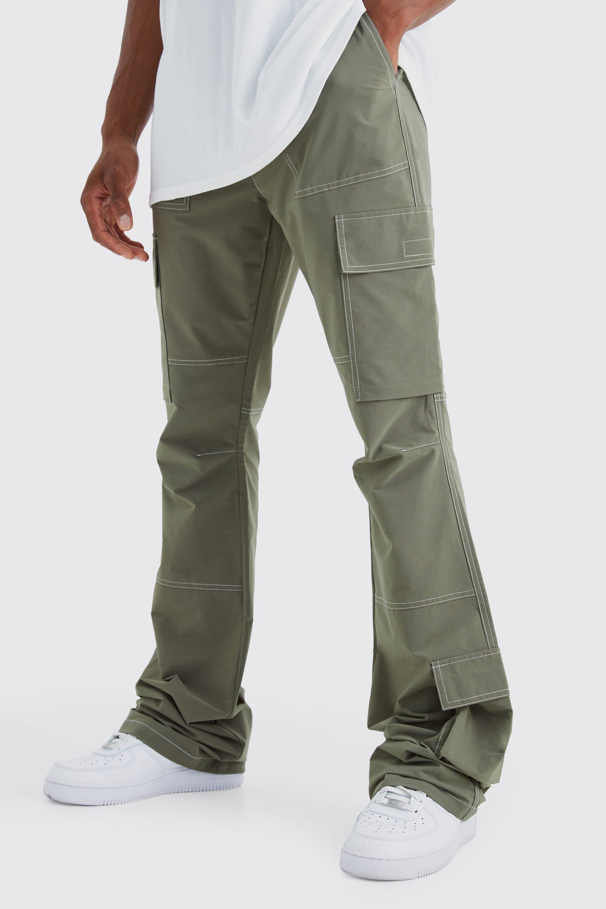Mens Green Elastic Waist Slim Flare Contrast Stitch Cargo Trouser, Green