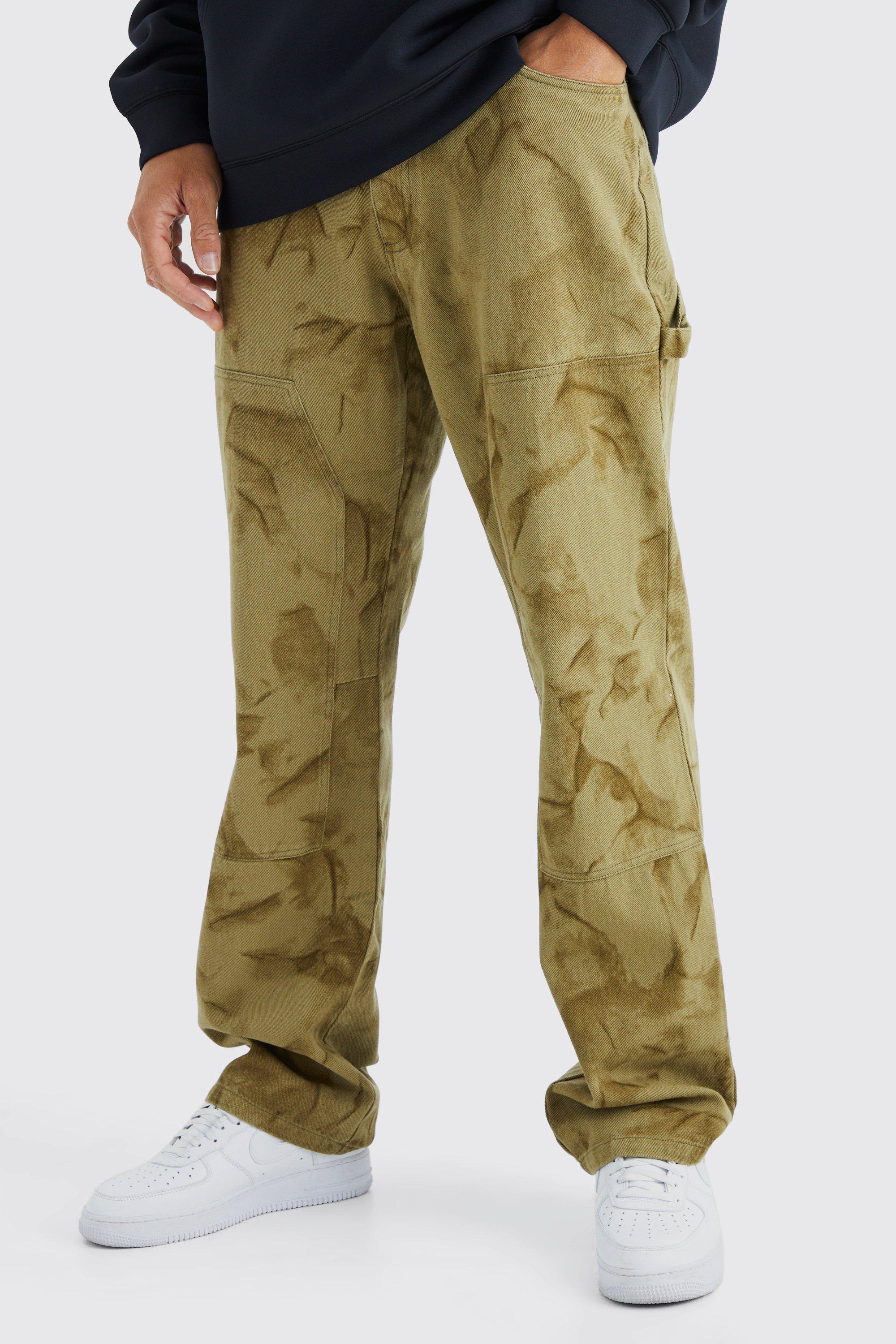 Mens Beige Tall Fixed Waist Relaxed Smoke Wash Carpenter Trouser, Beige
