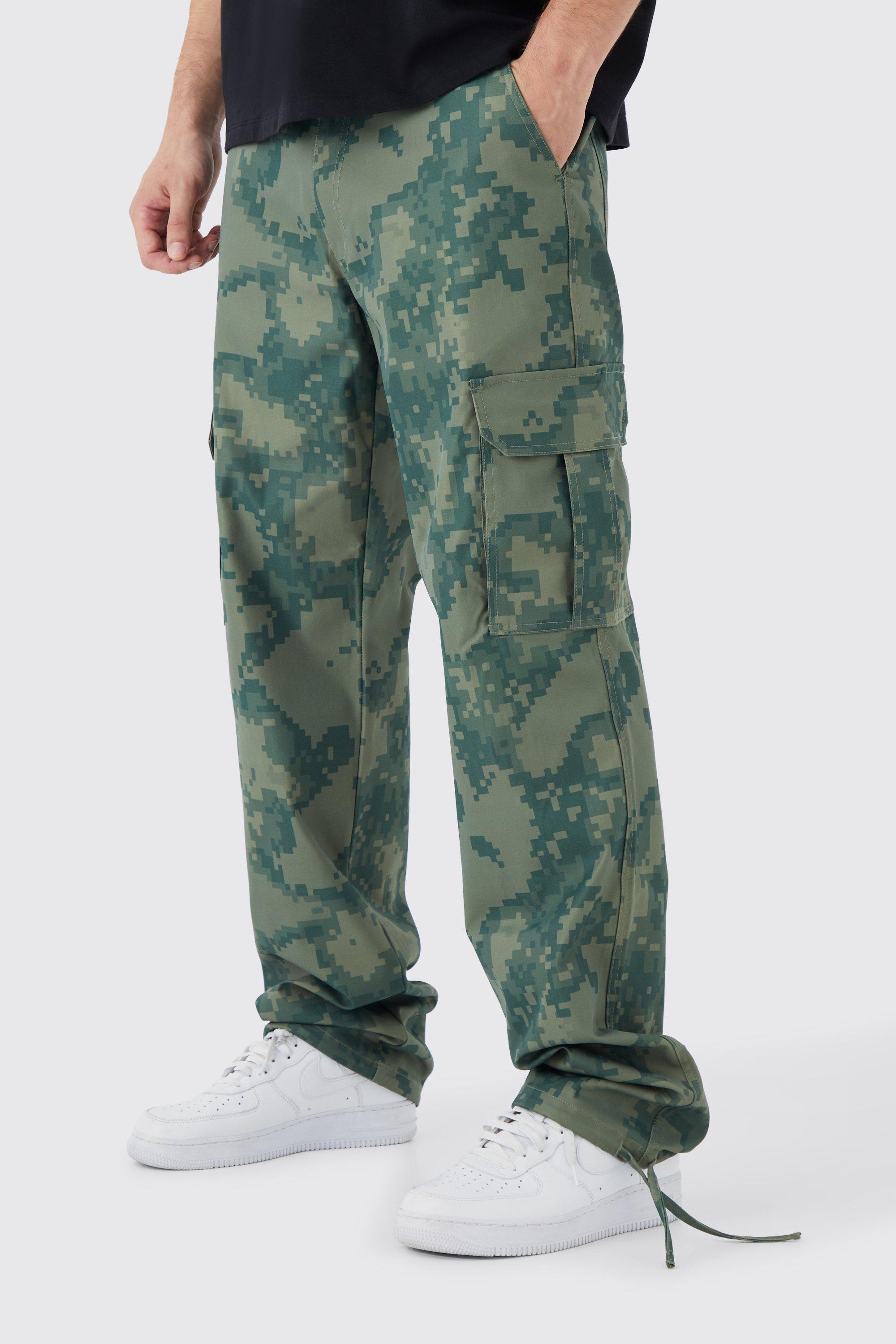 Image of Pantaloni Cargo Tall rilassati in fantasia militare con vita fissa e pixel, Verde