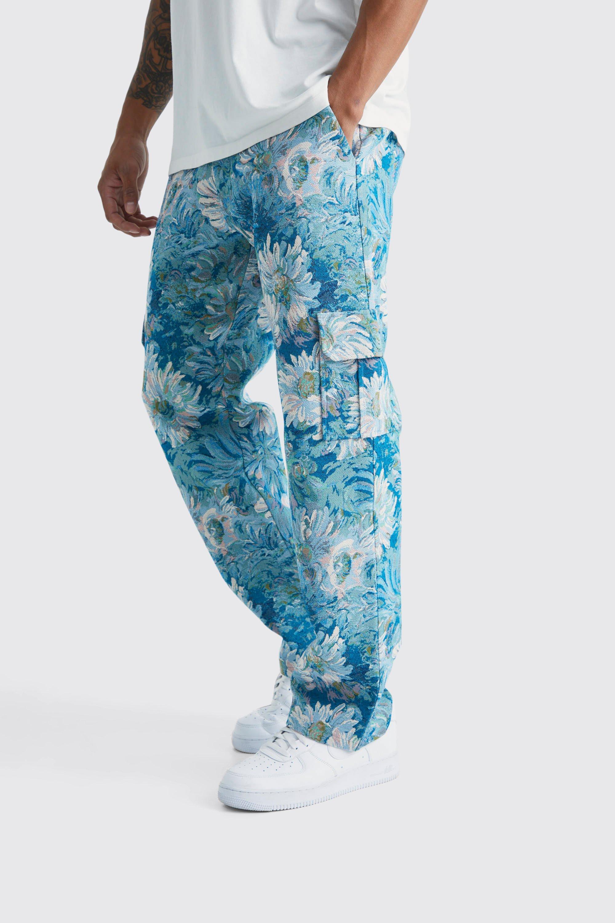 Mens Blue Fixed Waist Floral Tapestry Cargo Trouser, Blue