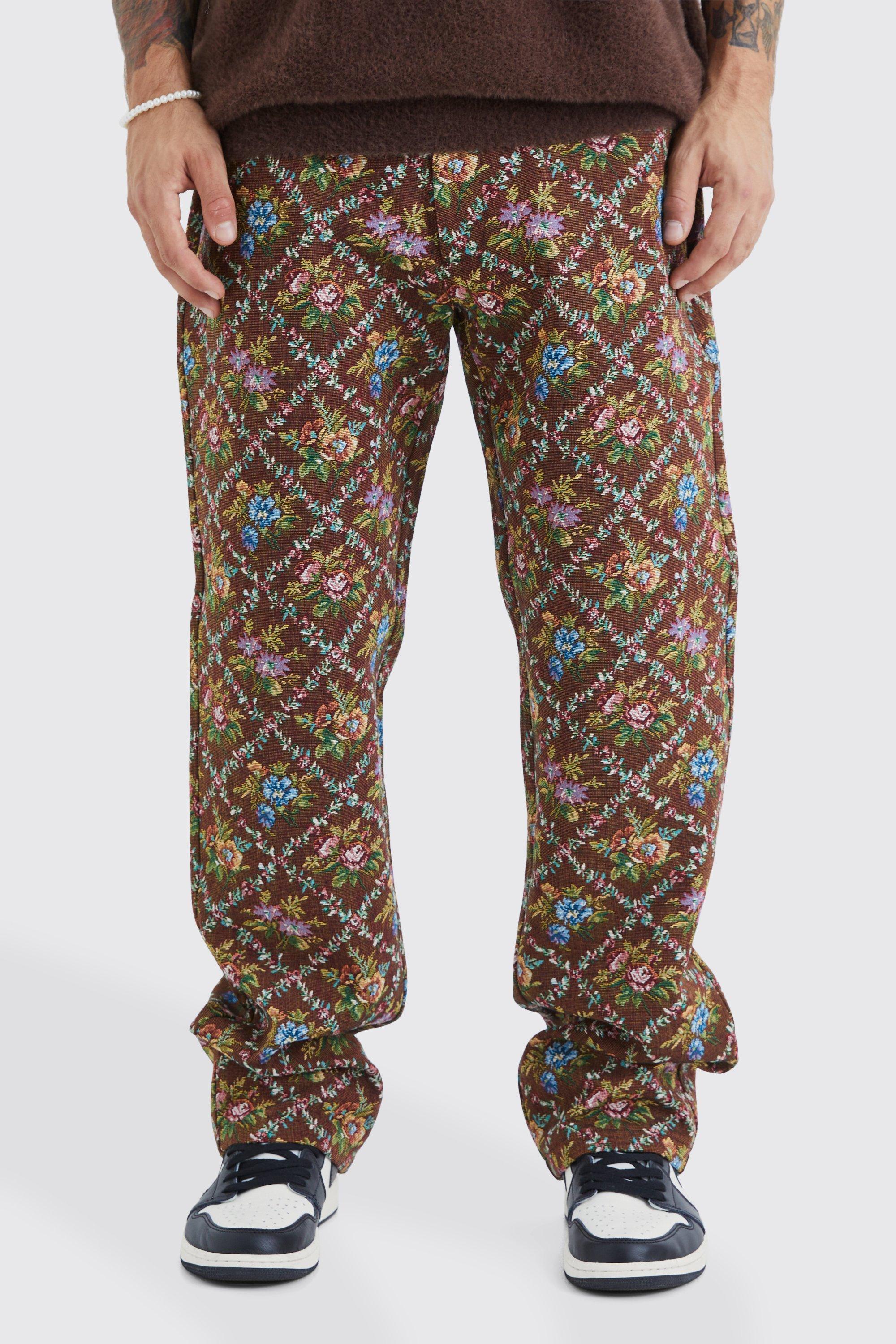 Mens Brown Fixed Waist Floral Tapestry Trouser, Brown