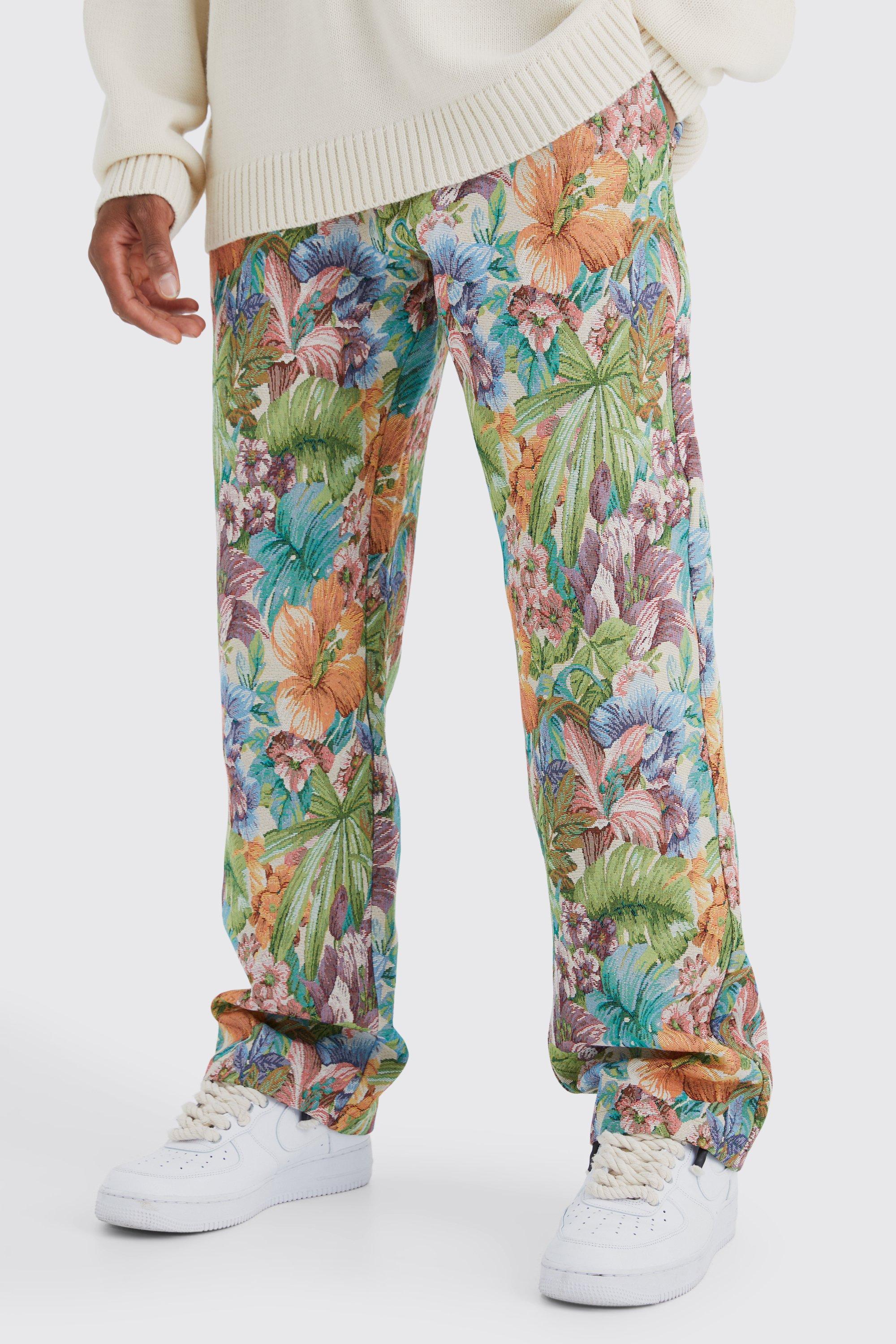 Mens Beige Fixed Waist Floral Tapestry Trouser, Beige