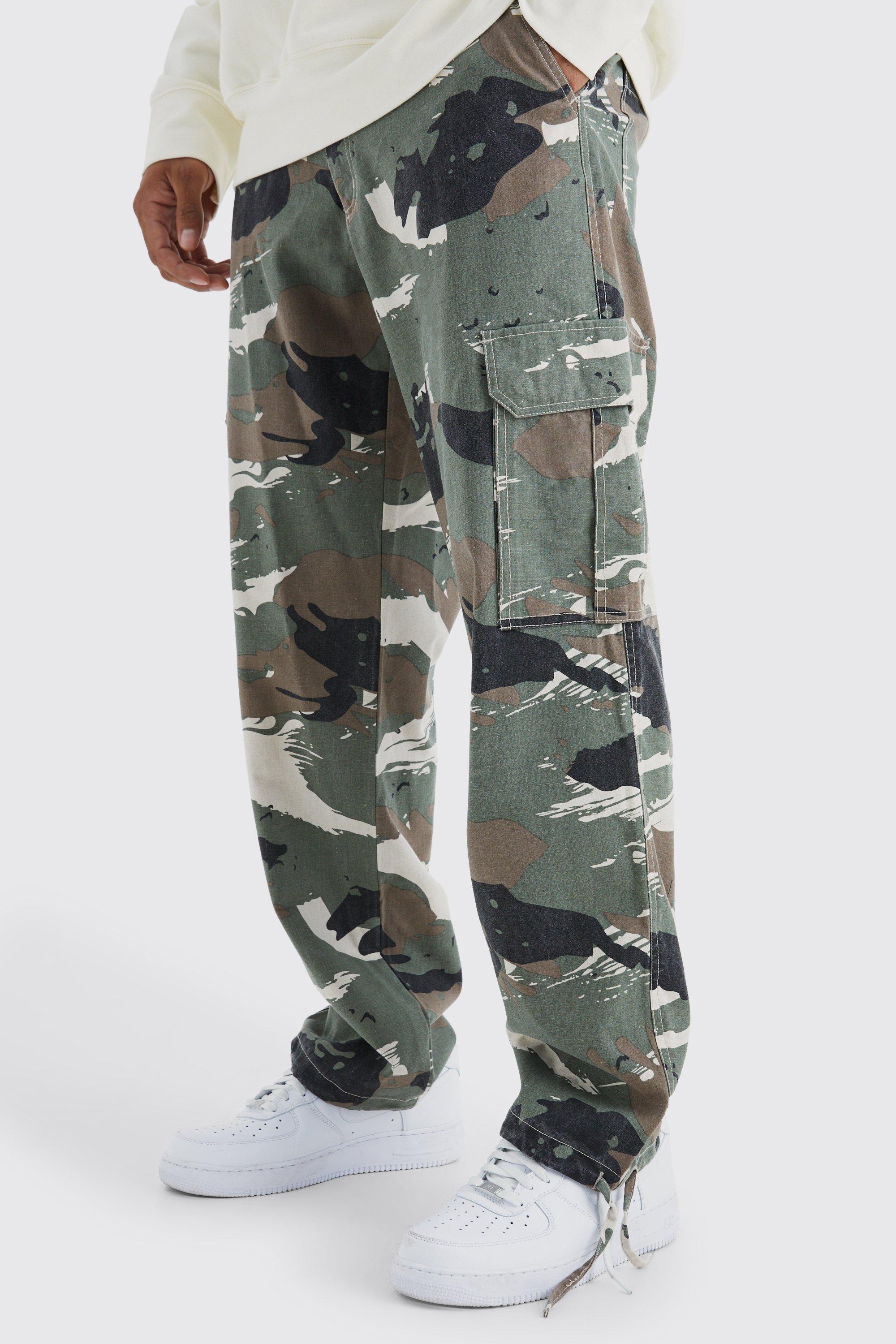 Mens Beige Fixed Waist Relaxed Camo Cargo Trouser, Beige