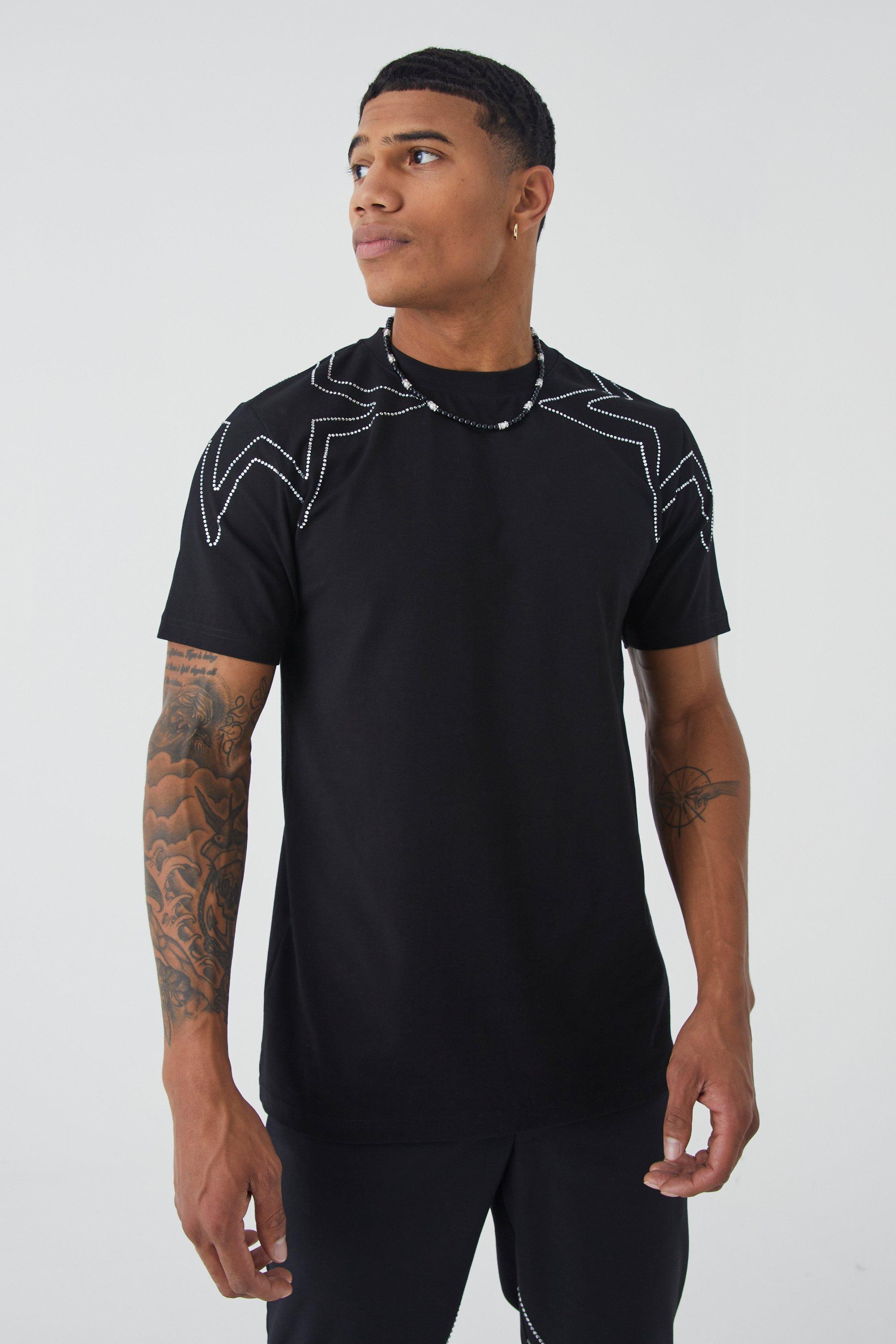 Image of T-shirt pesante Slim Fit con stelle e strass, Nero