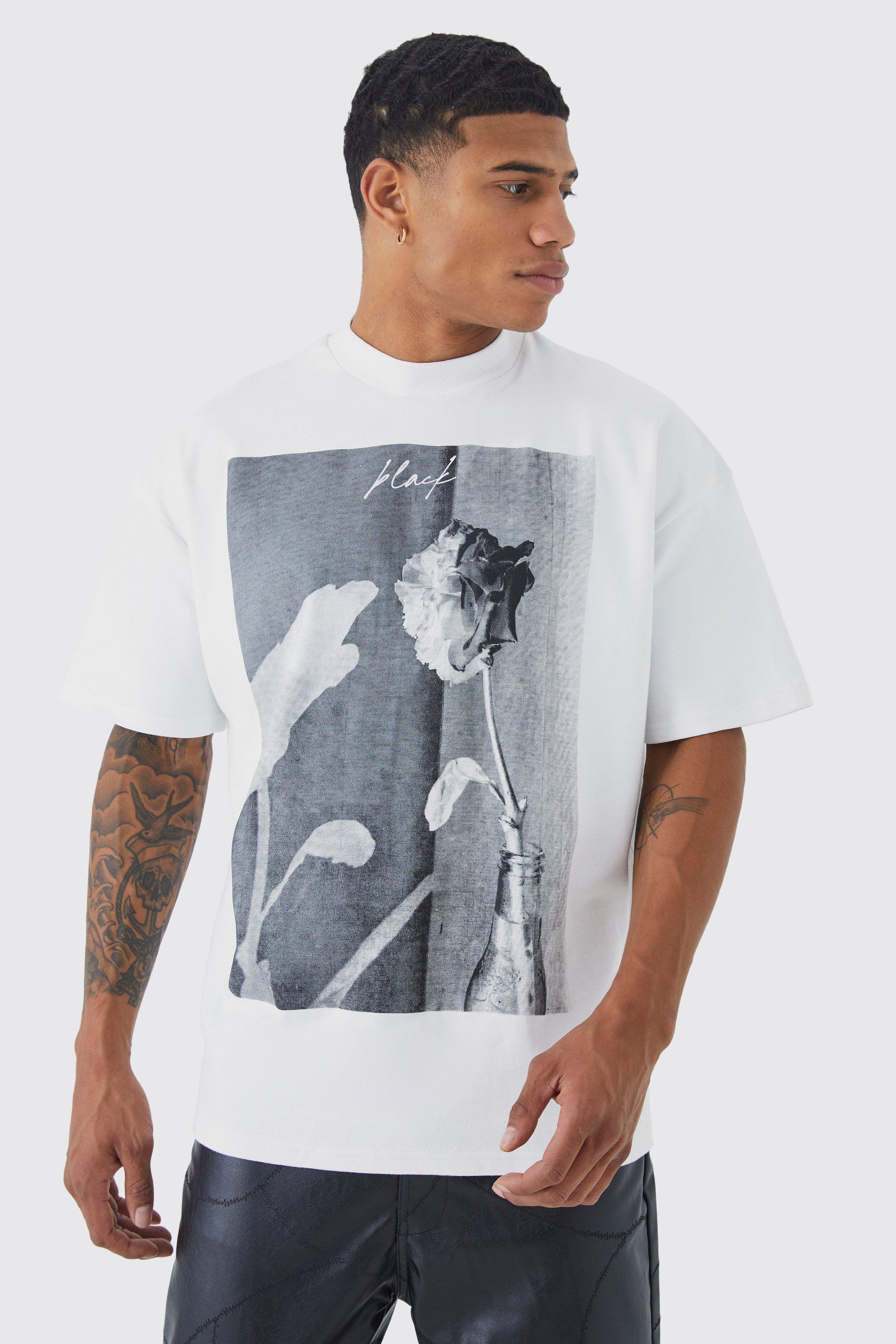 Image of T-shirt oversize pesante con grafica di rose e scritta Interlock, Bianco