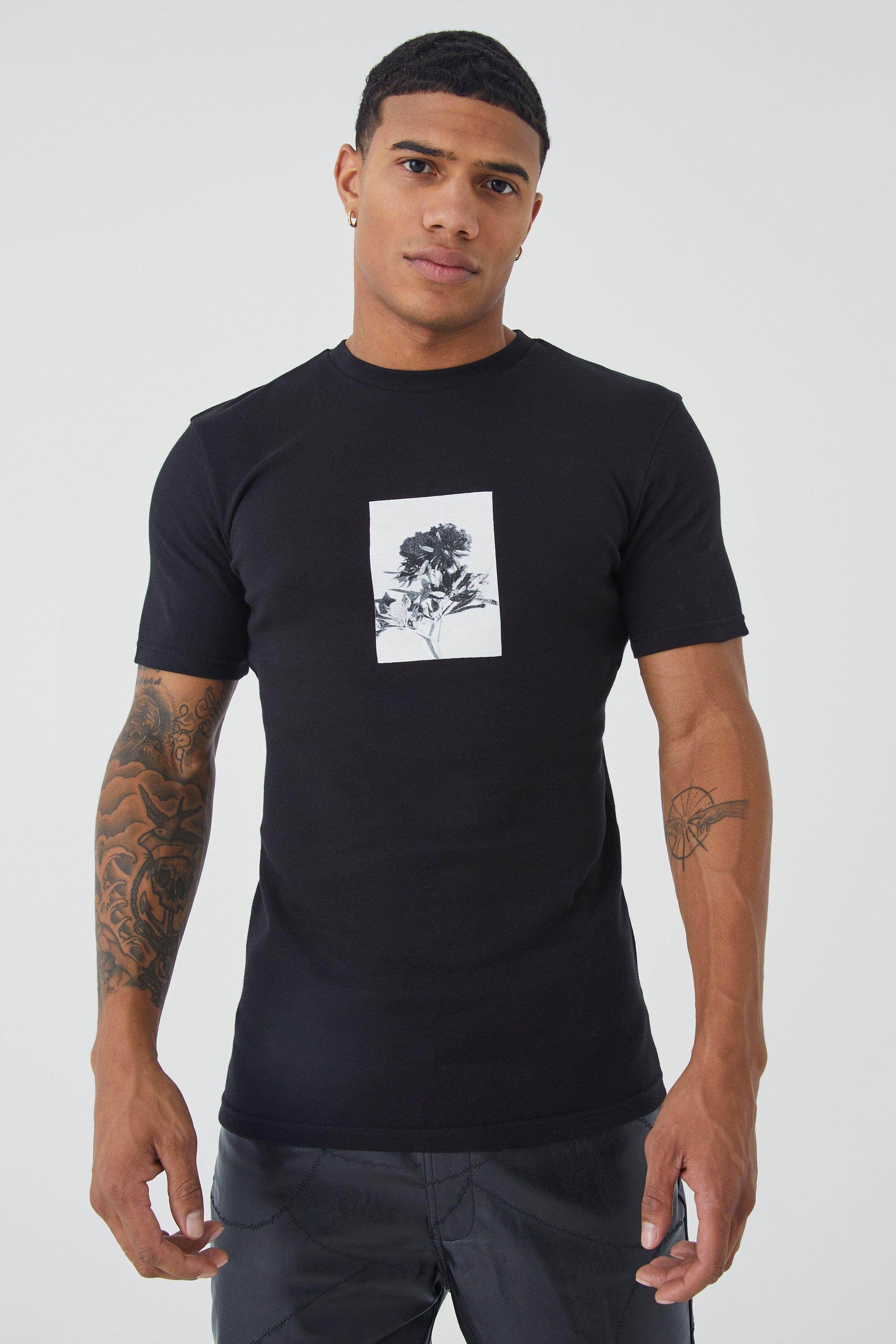 Image of T-shirt pesante attillata con grafica di rose, Nero