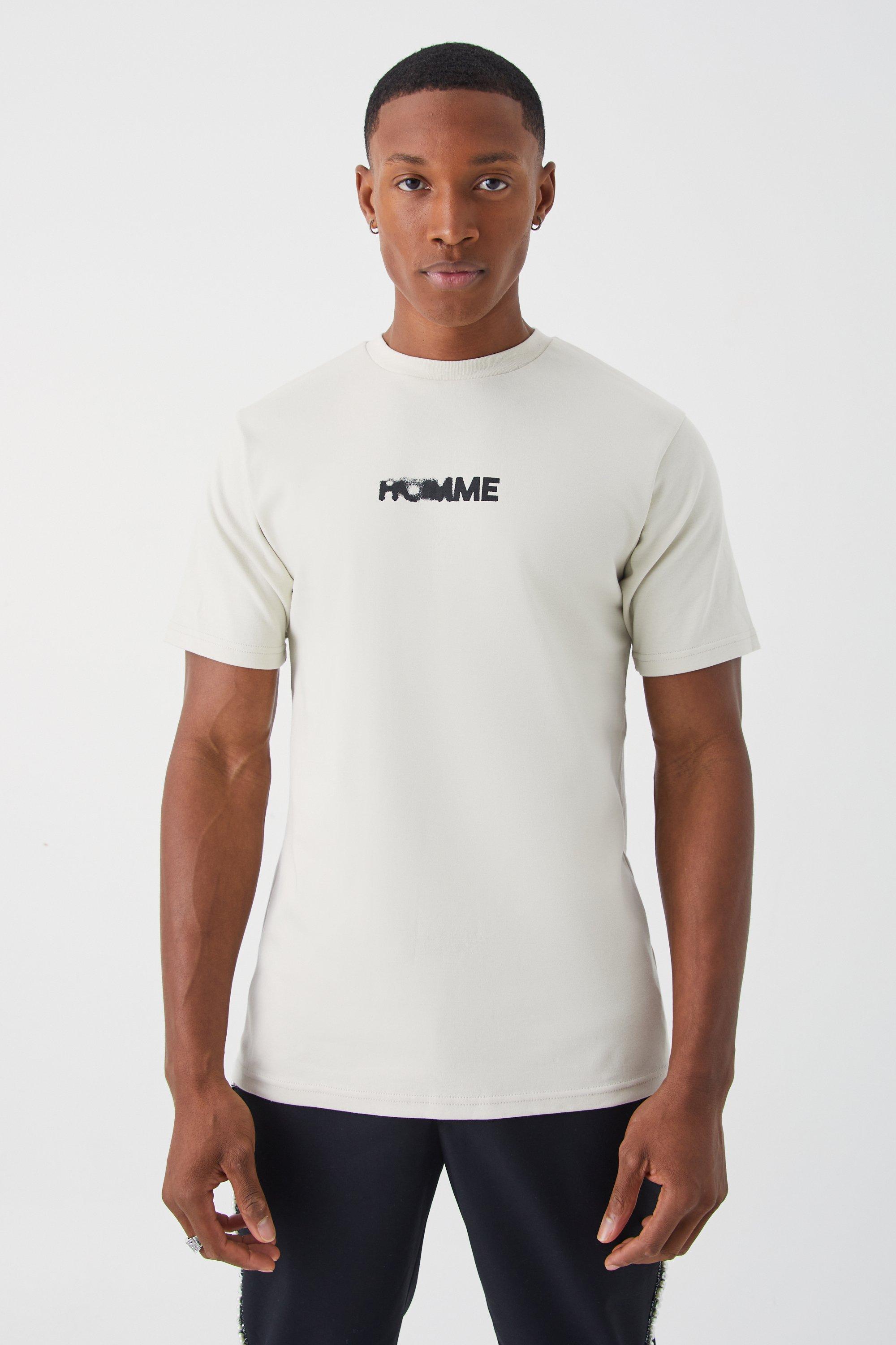 Mens Grey Slim Heavyweight Interlock Homme Graphic T-shirt, Grey