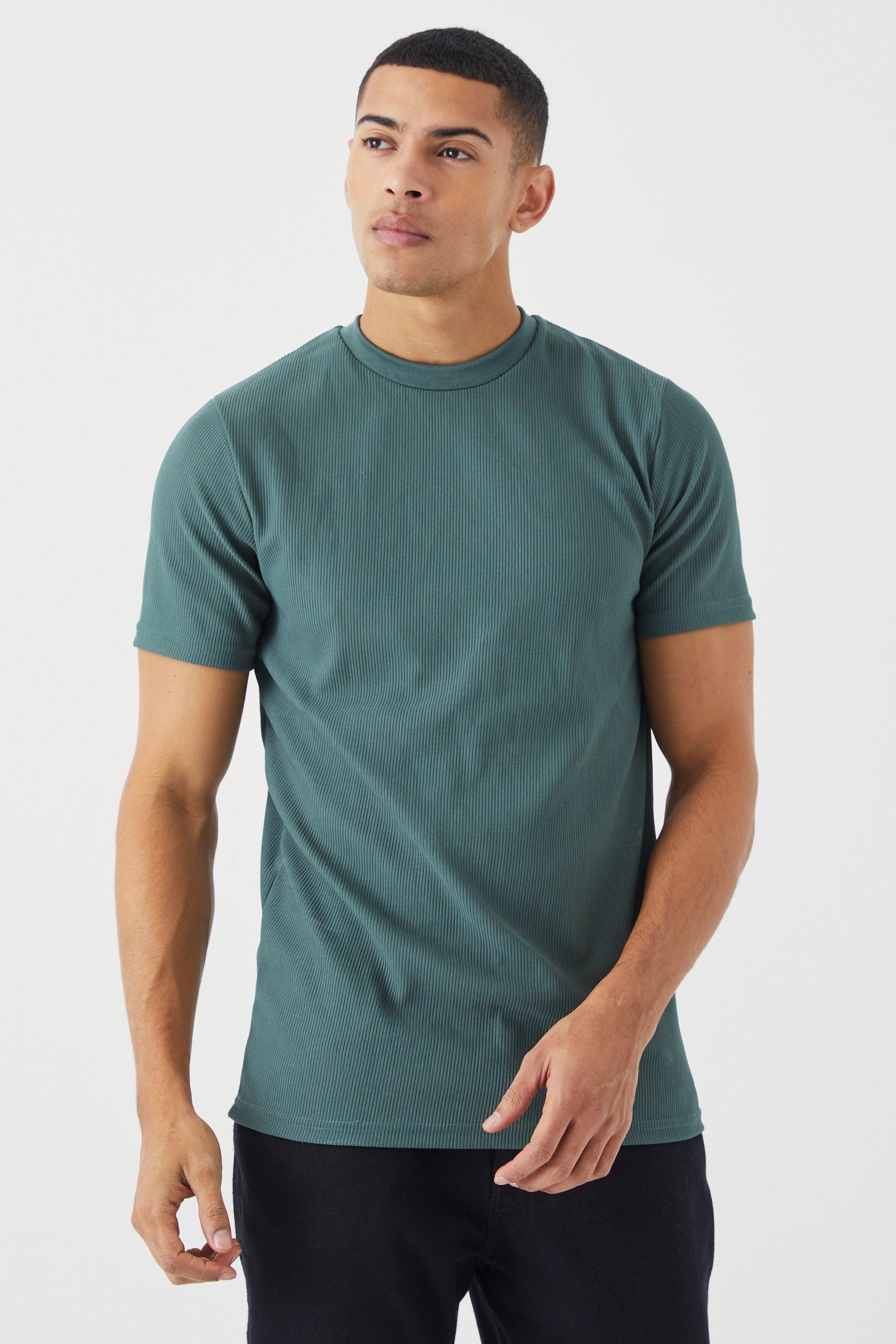 Mens Green Slim Ottoman Rib T-shirt, Green