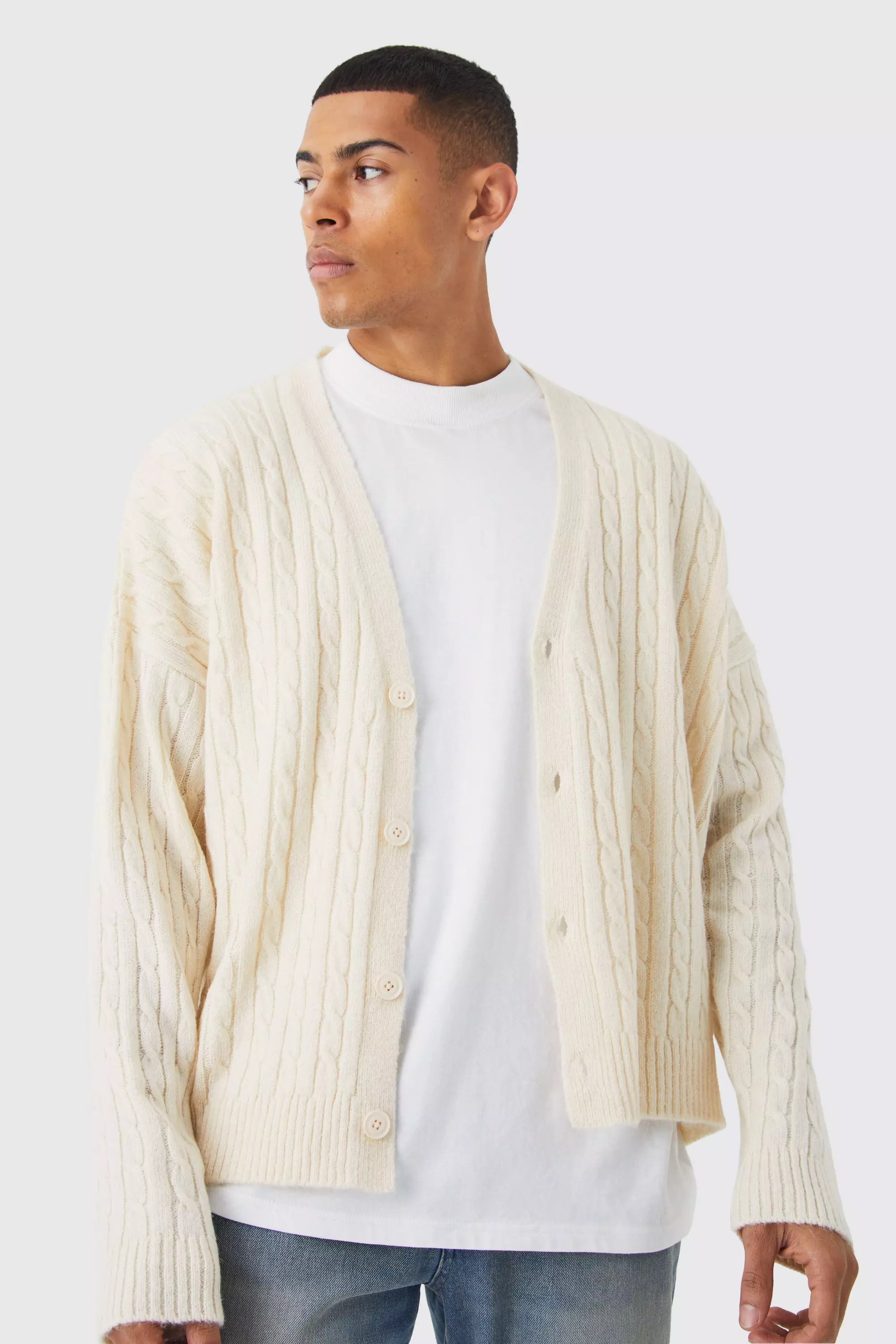 Boxy Brushed Cable Knit Cardigan | boohooMAN USA