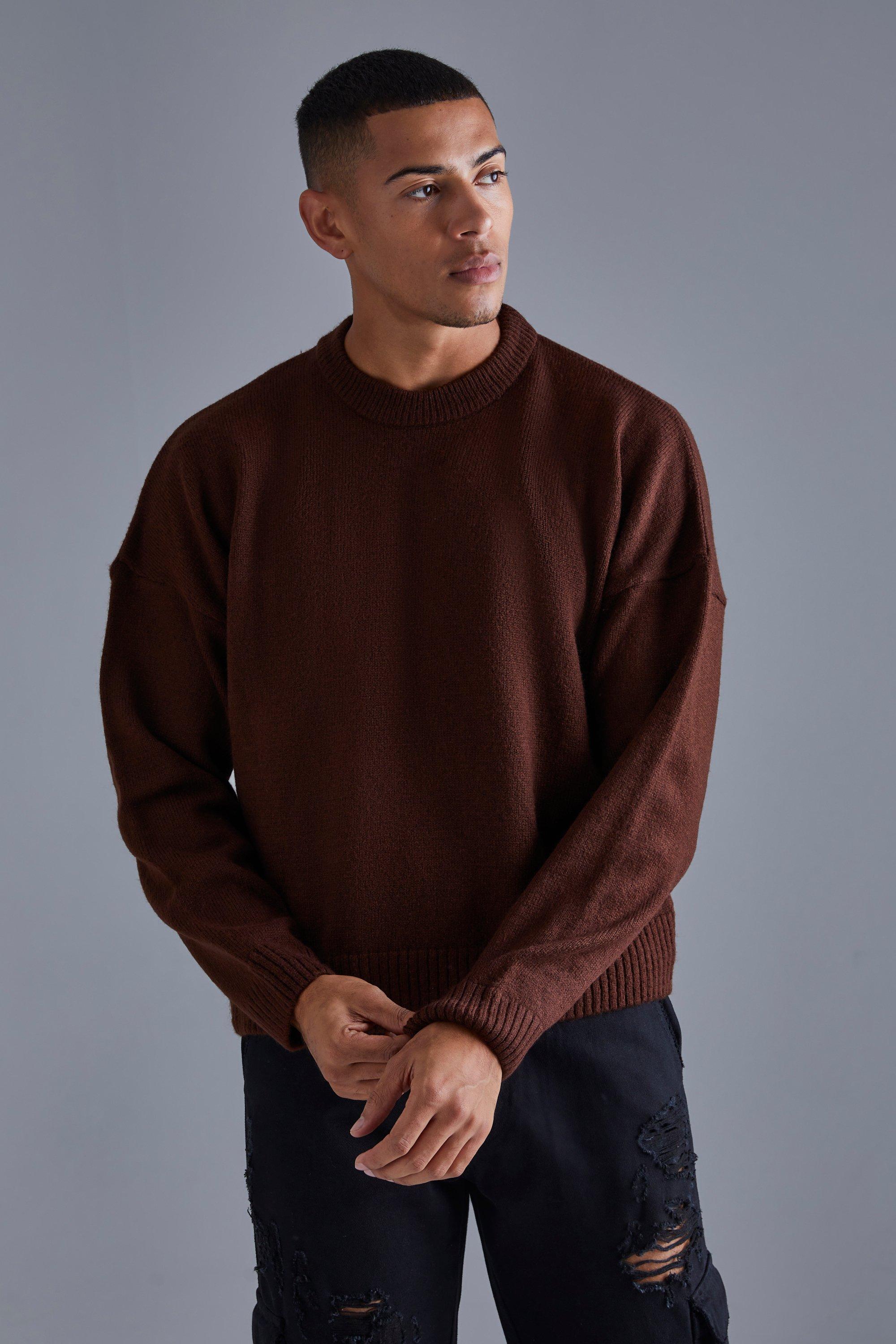 Mens Brown Boxy Brushed Extended Neck Knitted Jumper, Brown