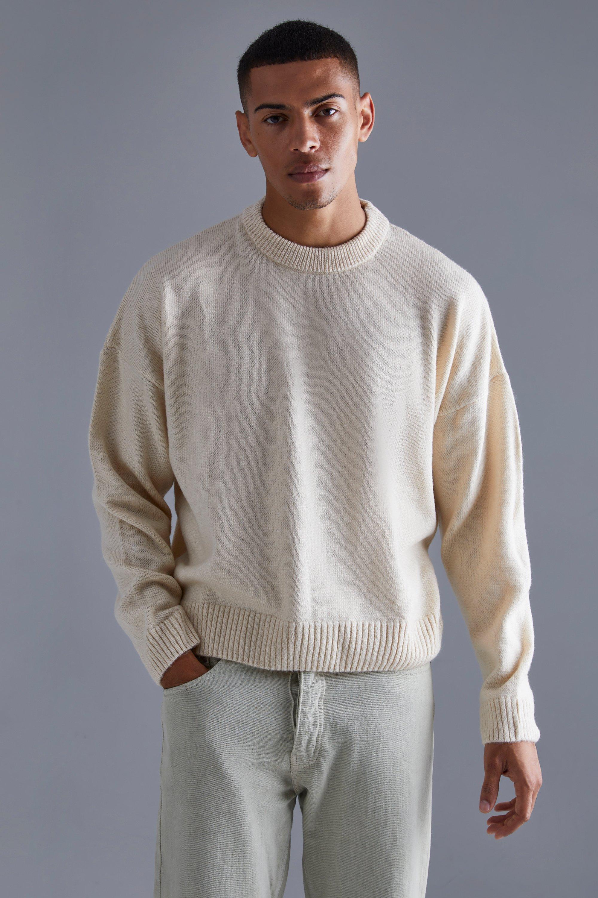 Mens Cream Boxy Brushed Extended Neck Knitted Jumper, Cream