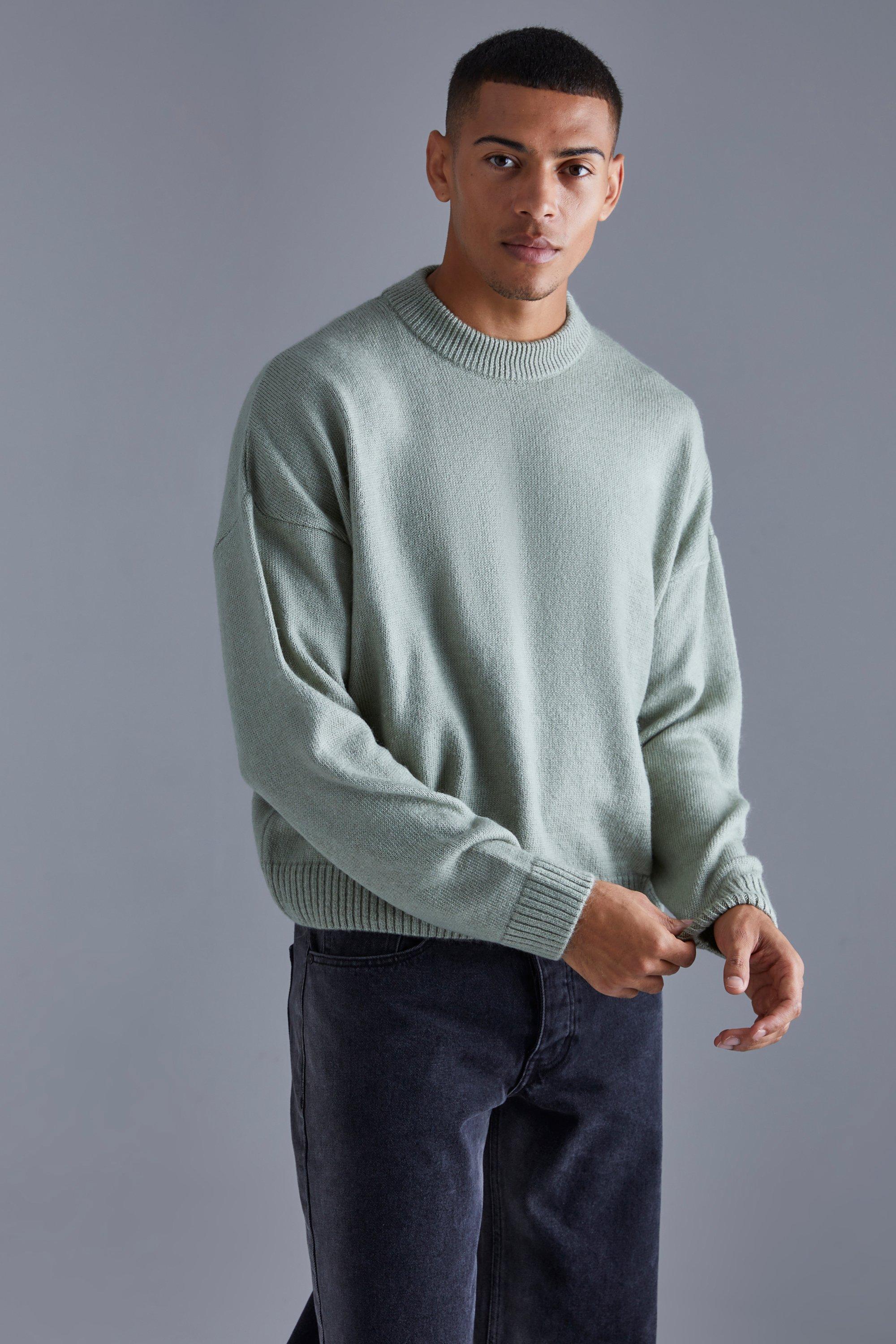 Mens Green Boxy Brushed Extended Neck Knitted Jumper, Green