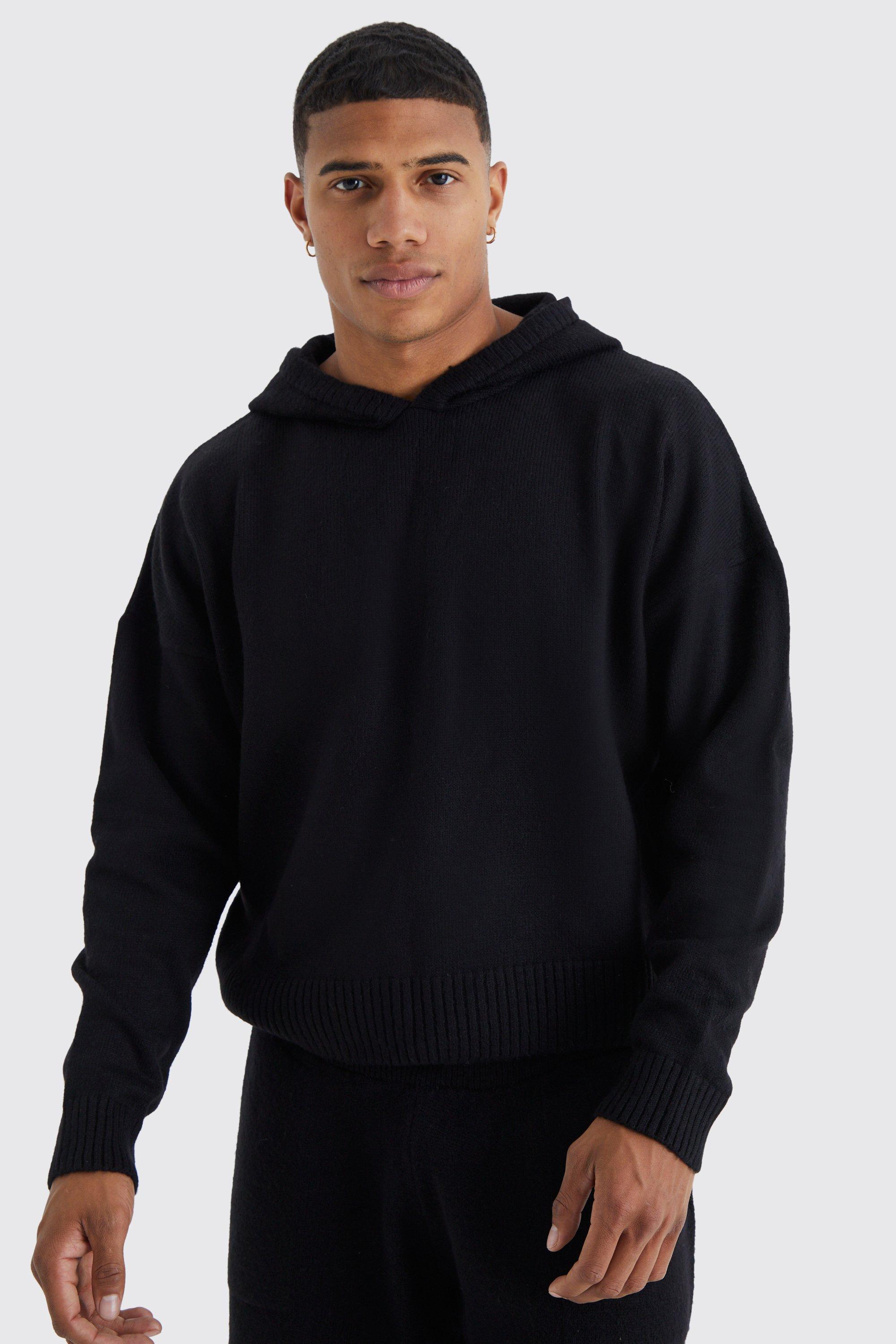 Mens Black Boxy Brushed Knitted Hoodie, Black