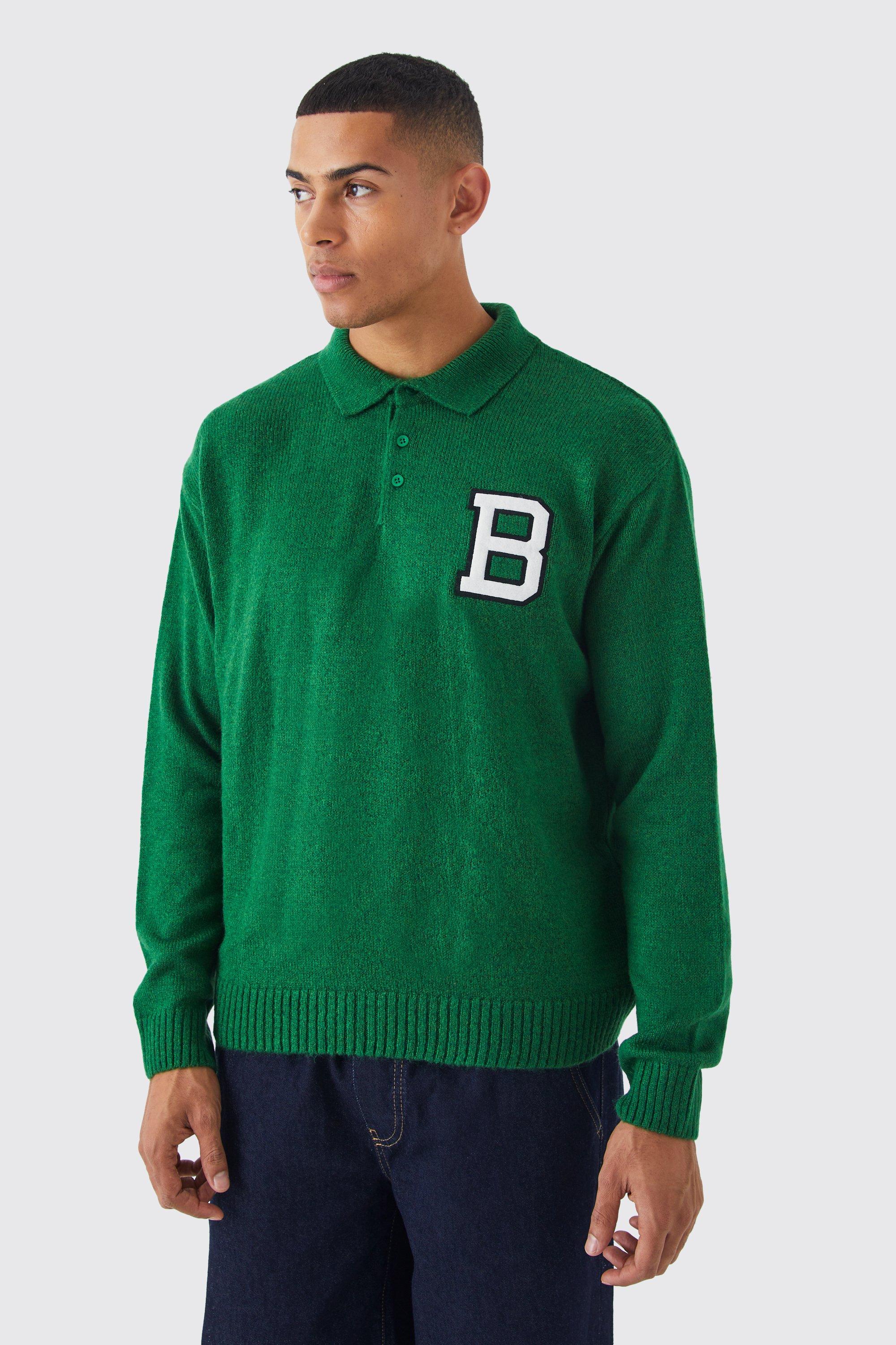 Mens Green Boxy Knitted Varsity Polo With B Badge, Green