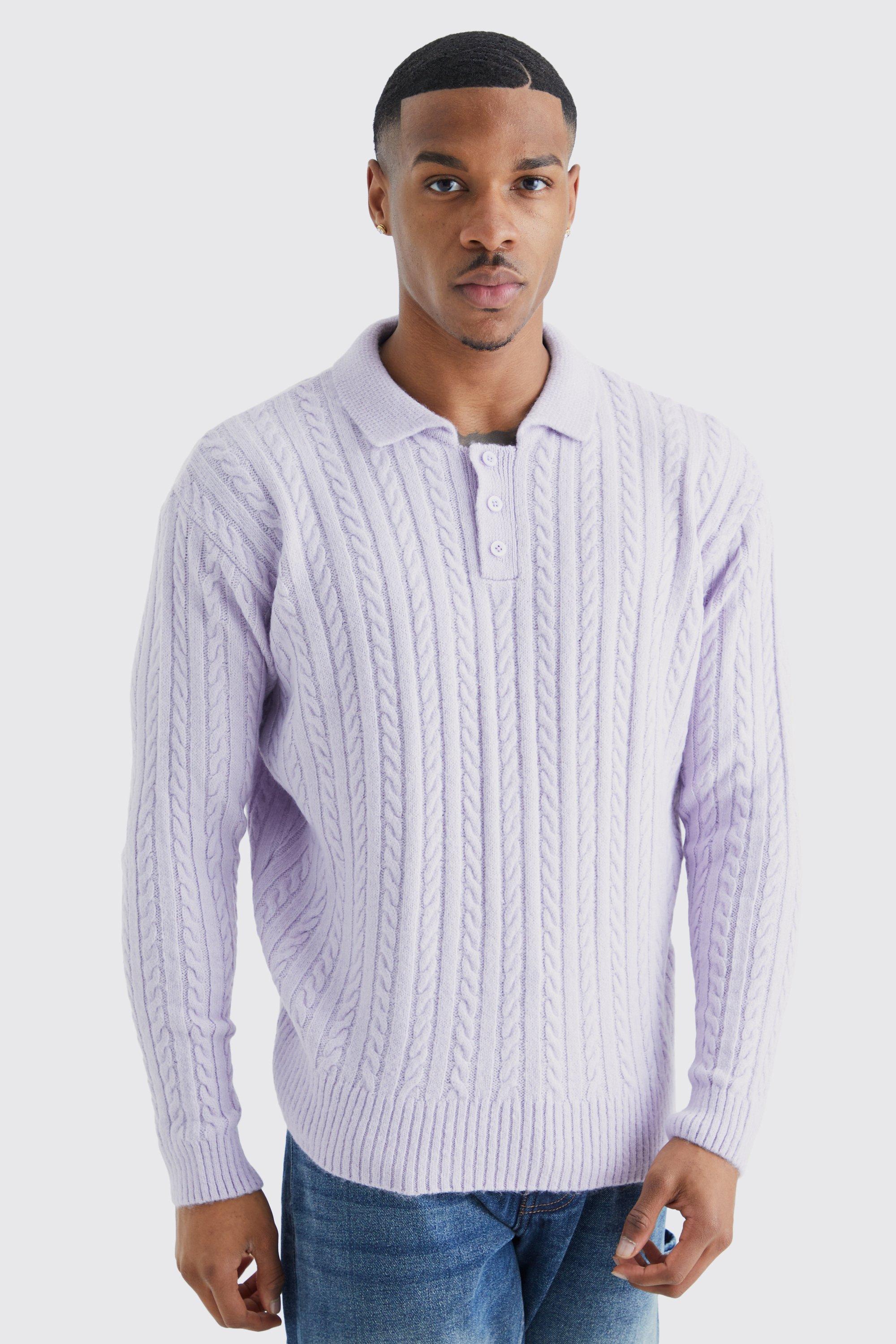 Mens Purple Boxy Long Sleeve Cable Knitted Polo, Purple