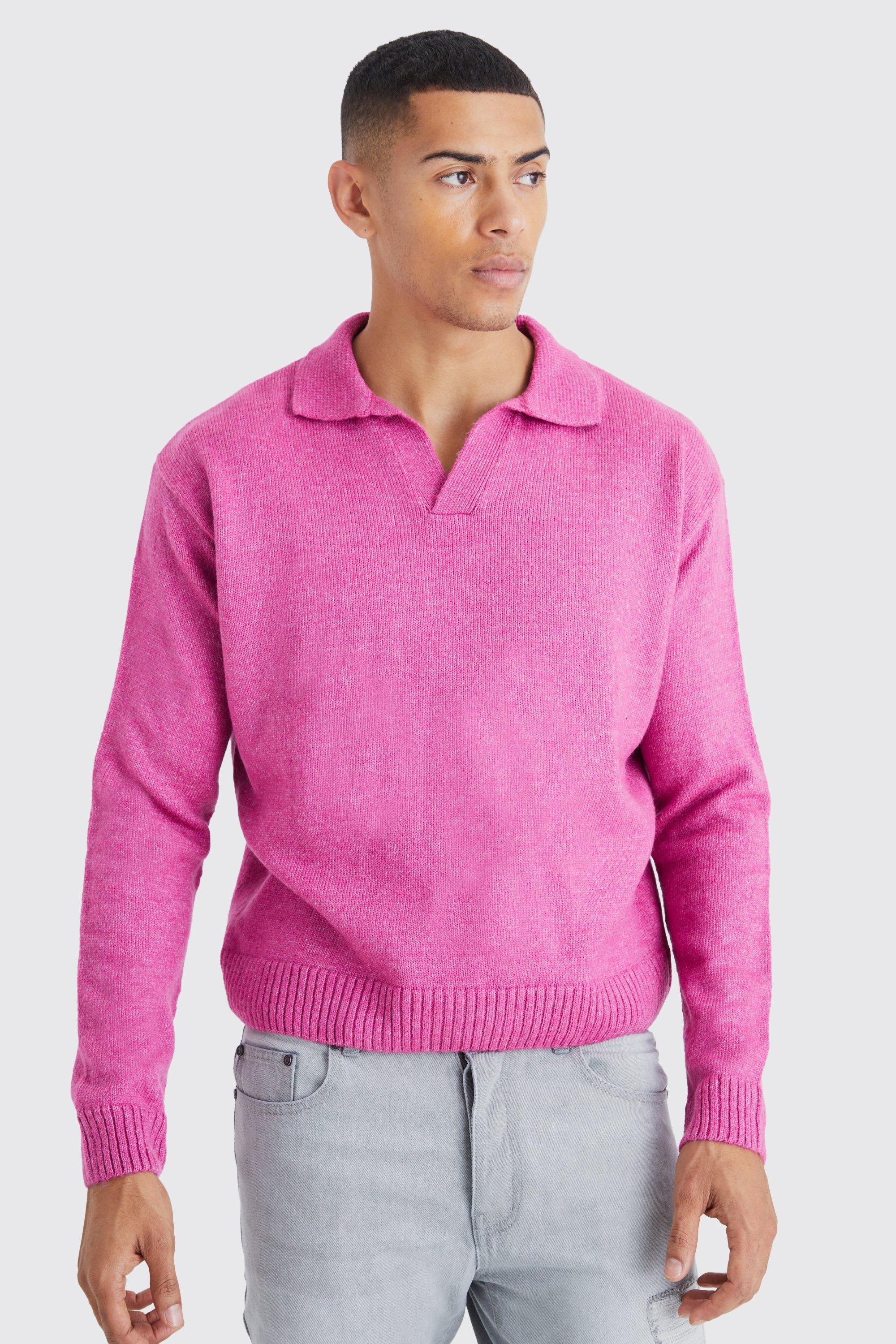 Mens Pink Boxy Long Sleeve Knitted Revere Polo, Pink