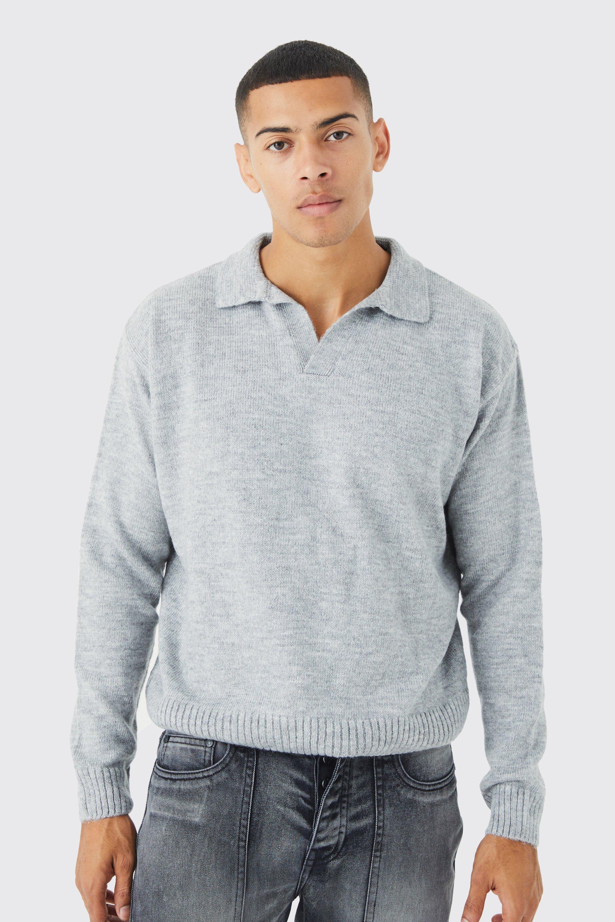 Mens Grey Boxy Long Sleeve Knitted Revere Polo, Grey