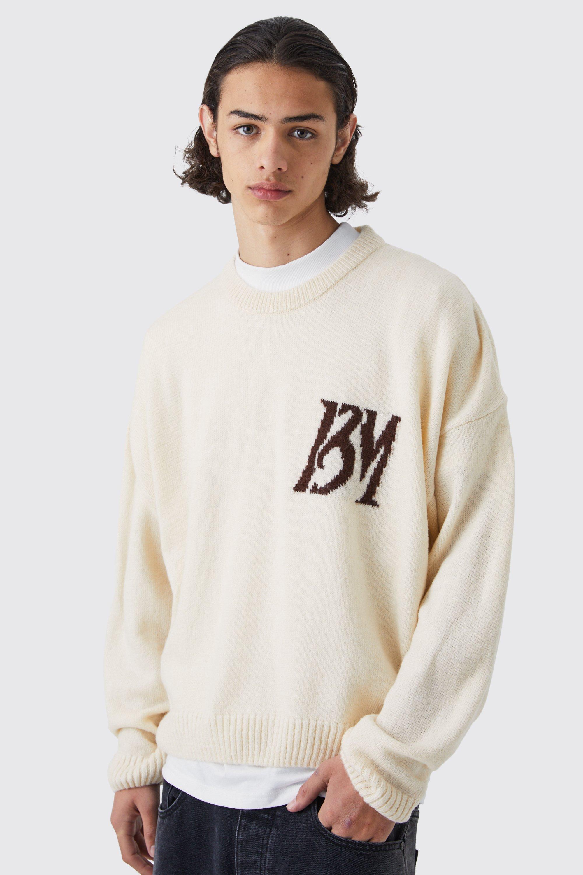Image of Maglione squadrato in maglia spazzolata con lettere Bm, Cream