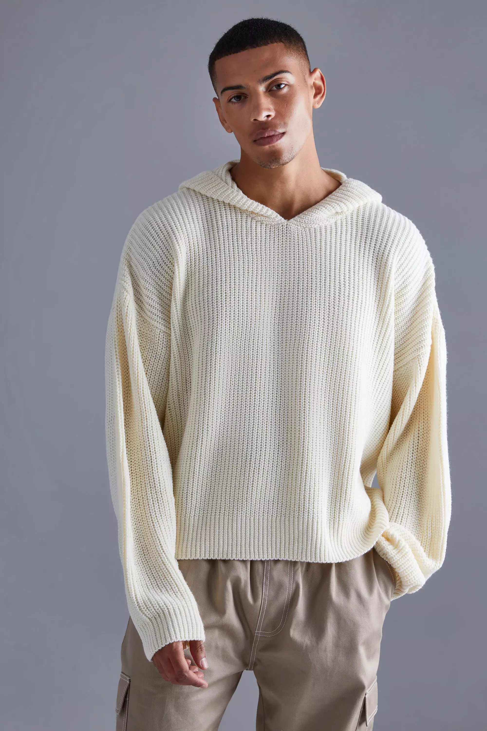 Boxy Knitted Ribbed Hoodie boohooMAN USA