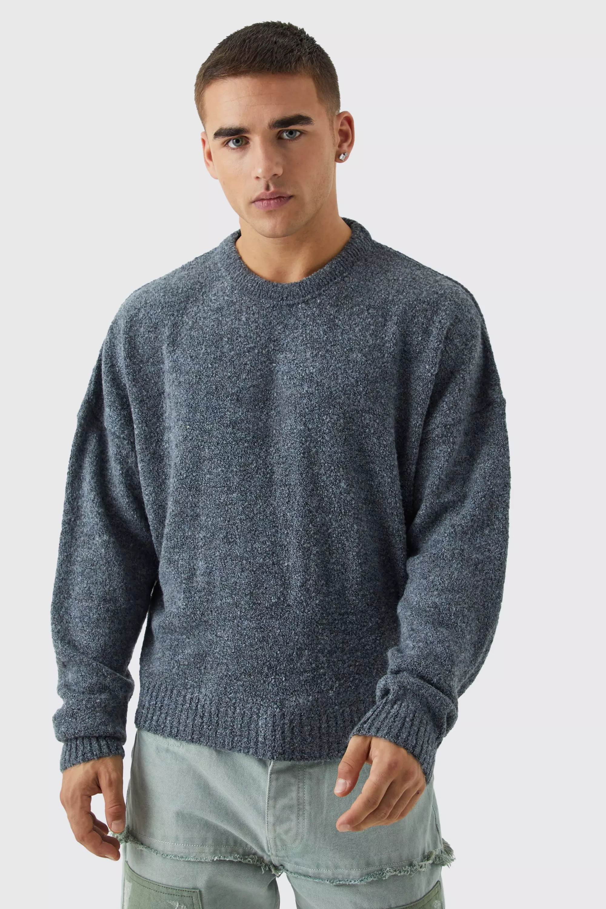 Boxy Boucle Knit Extended Neck Sweater