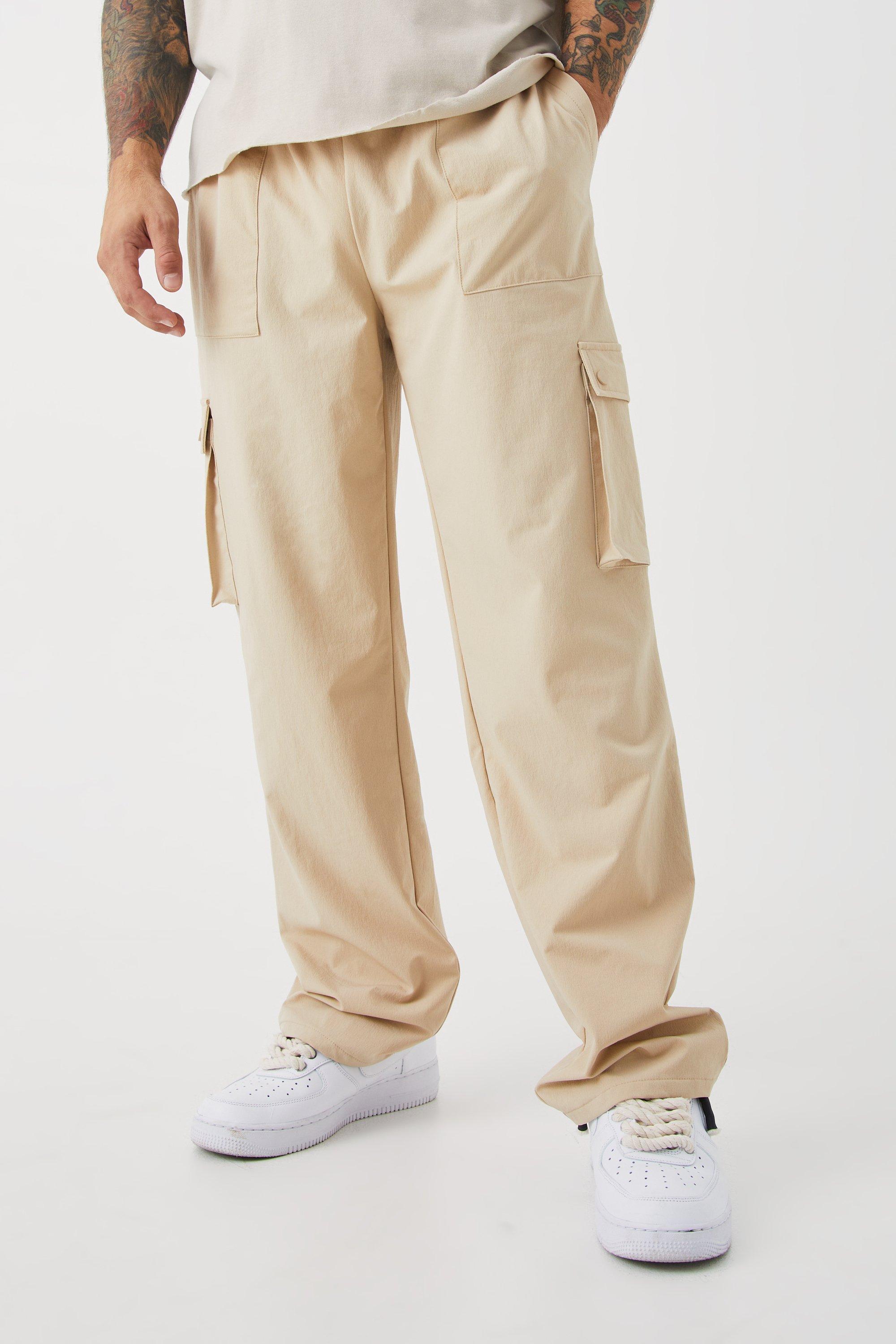 Mens Beige Relaxed Washed Nylon Multi Cargo Trouser, Beige