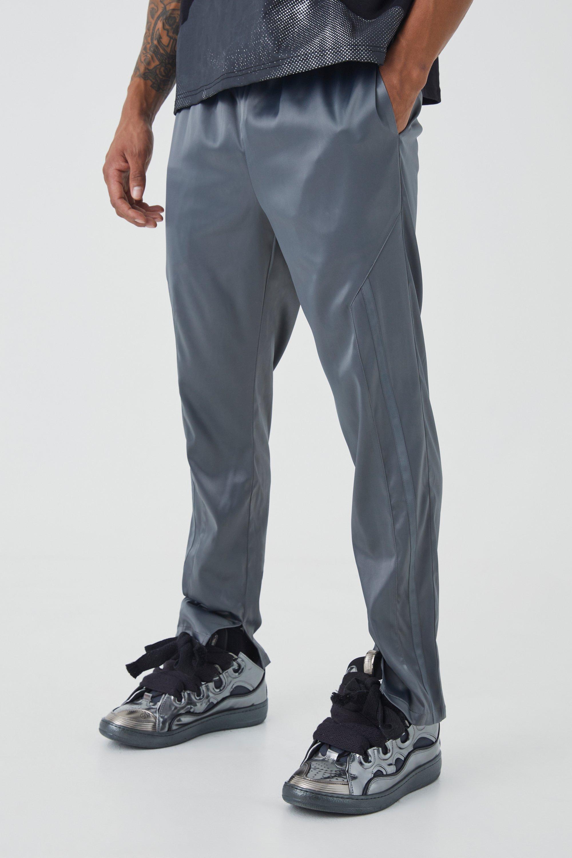Image of Pantaloni Slim Fit in raso con striscia e spacco sul fondo, Grigio