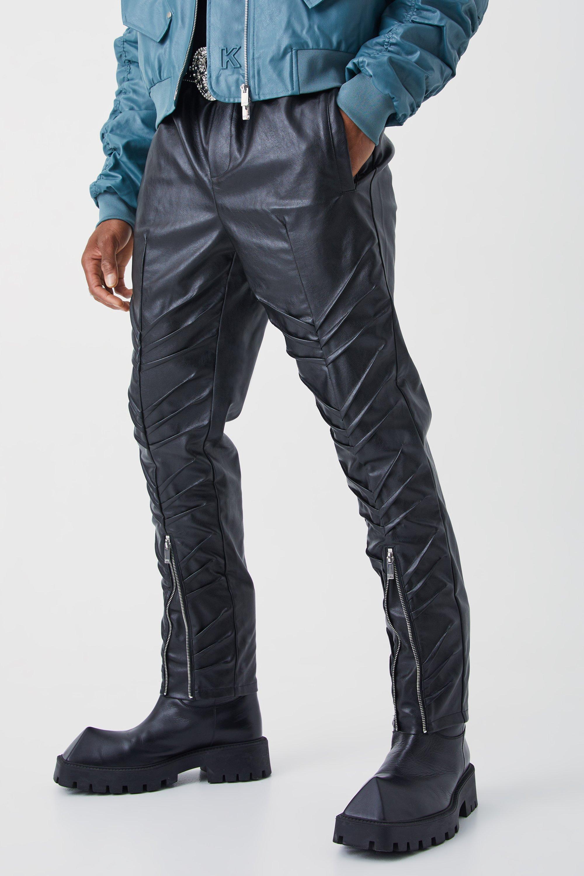 Image of Pantaloni Slim Fit in PU con pieghe sul fondo e zip sul fondo, Nero