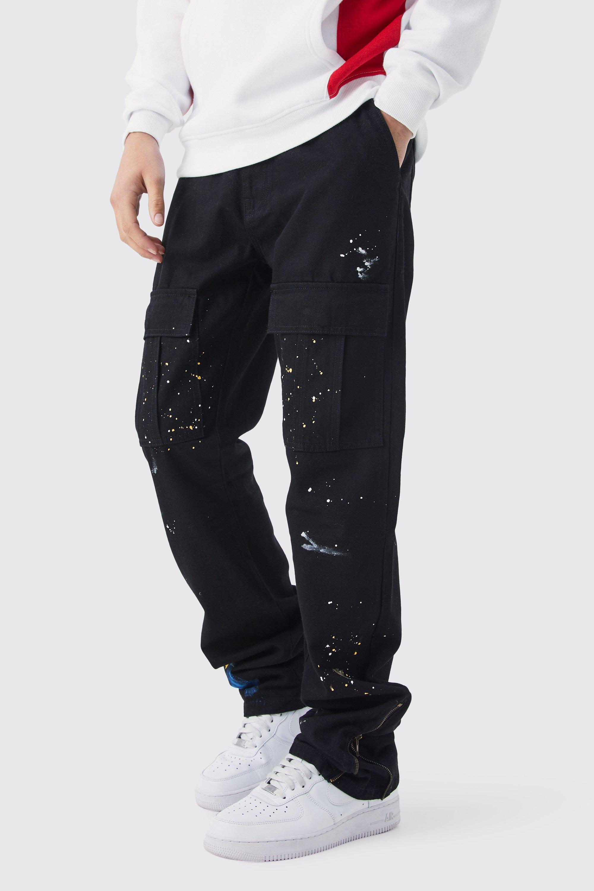 Image of Pantaloni Cargo Slim Fit con zip, pieghe sul fondo e schizzi di colore, Nero