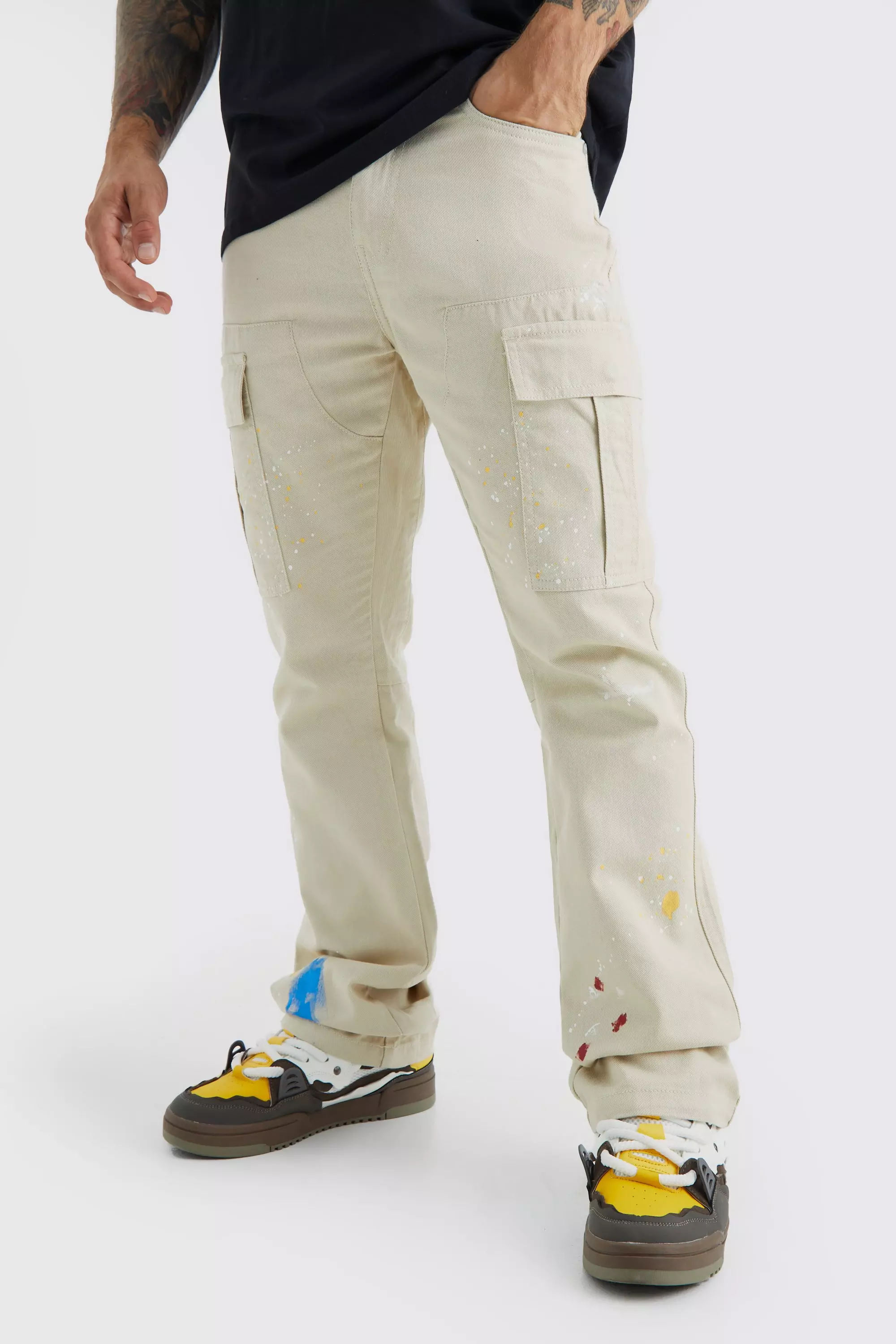 Slim Flare All Over Paint Splatter Cargo Pants | boohooMAN USA