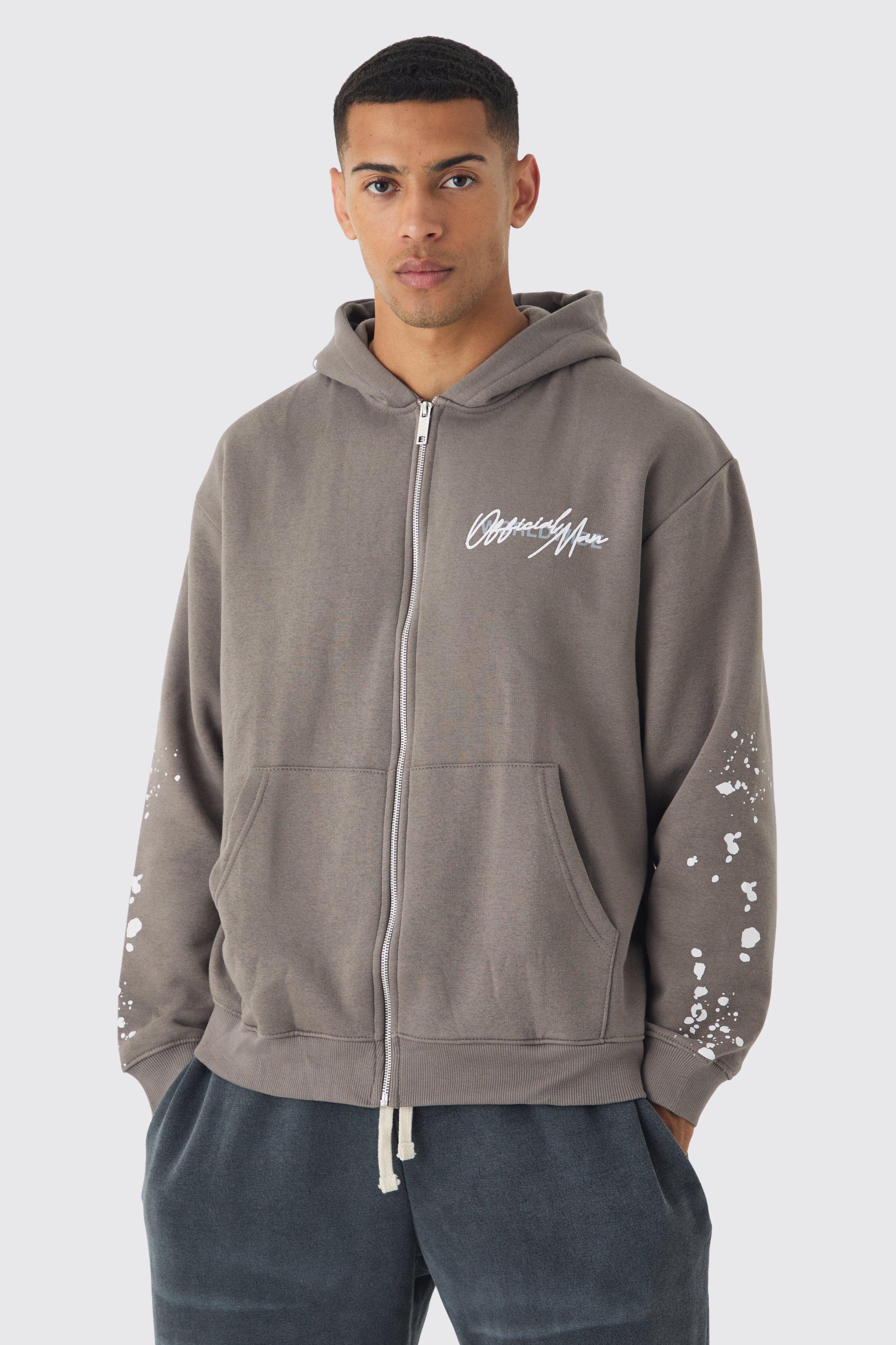 Mens Grey Oversized Graffiti Paint Splatter Hoodie, Grey