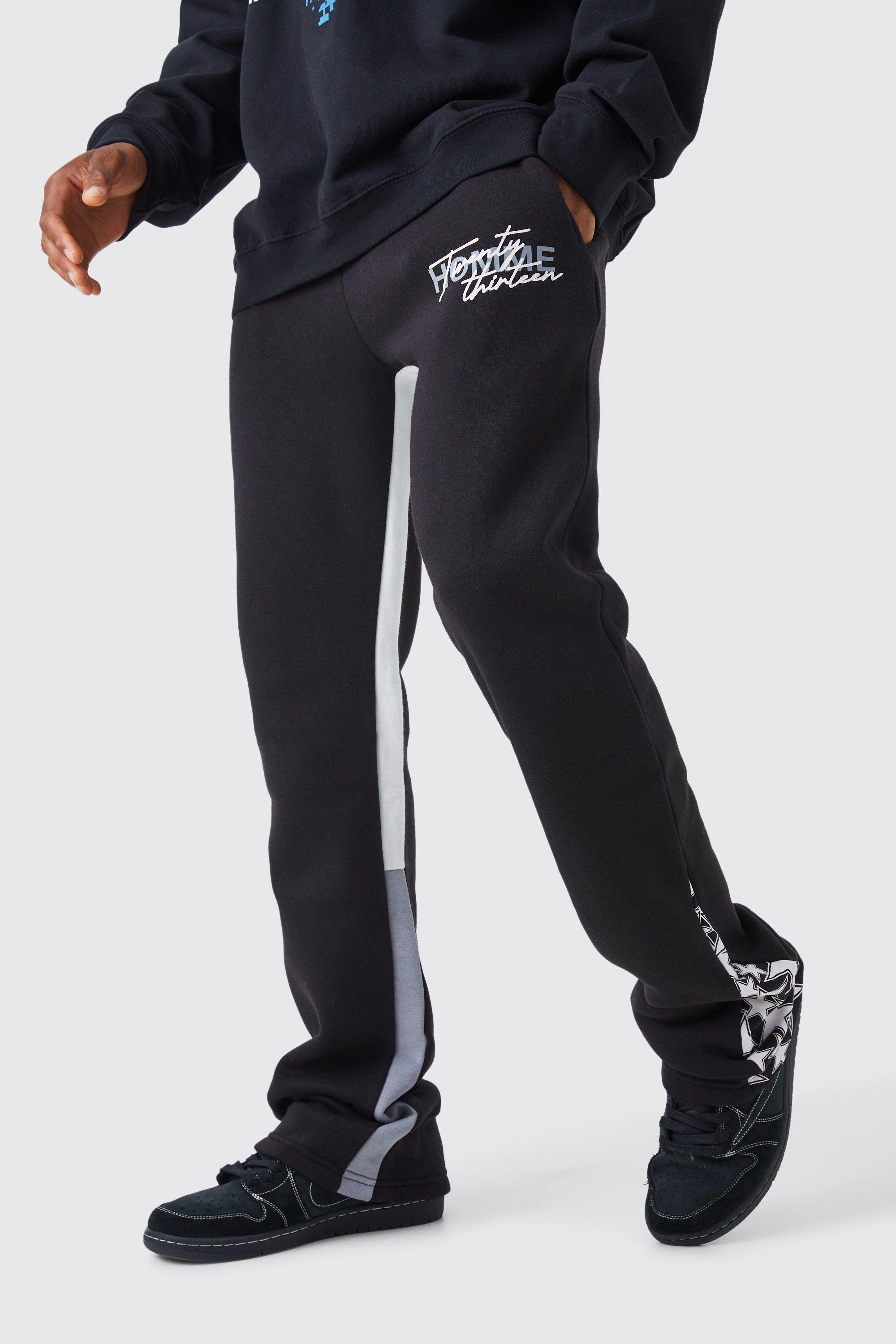 Mens Black Slim Stacked Flare Star Print Gusset Jogger, Black