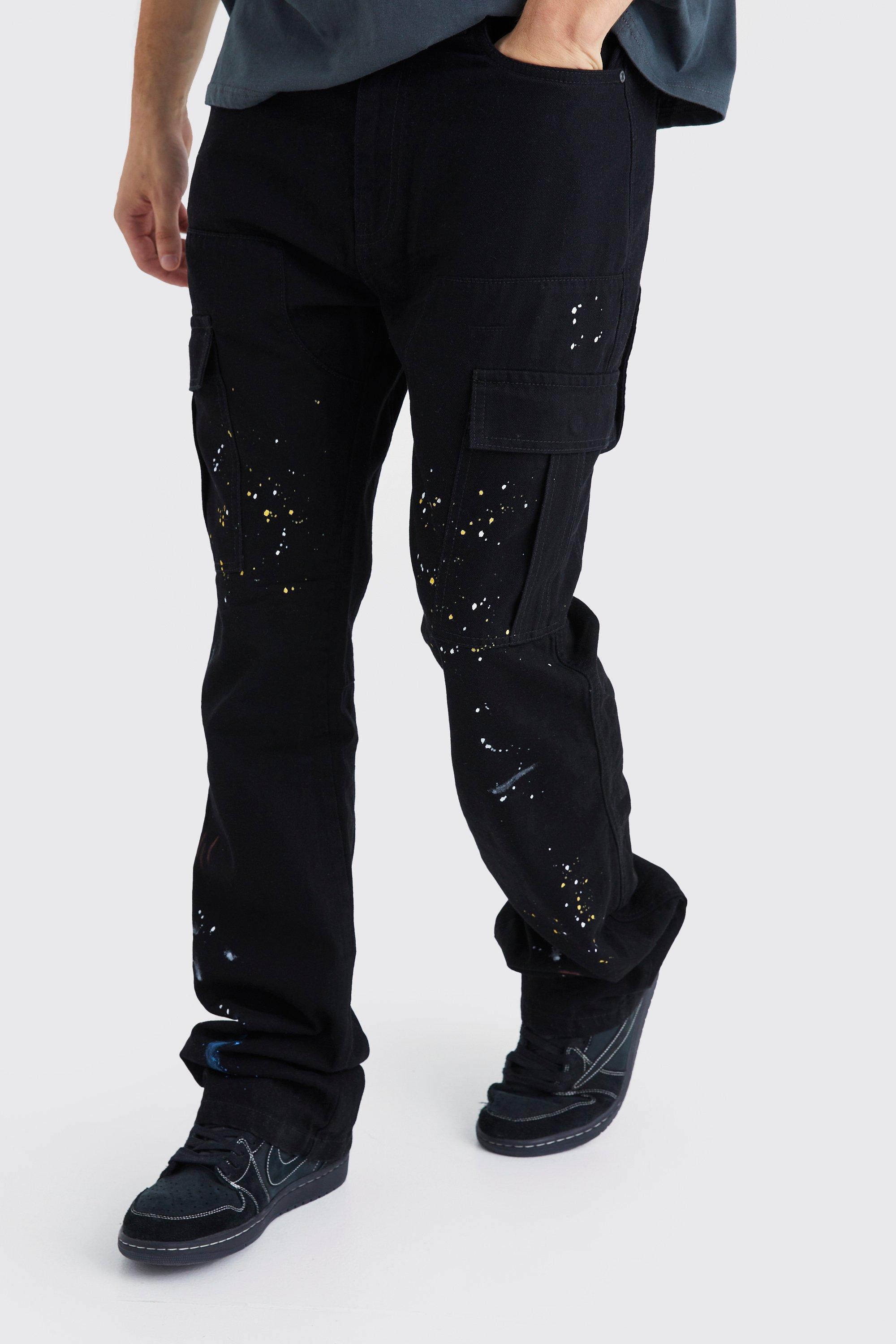 Mens Black Tall Slim Flare Gusset Paint Splatter Cargo Trouser, Black