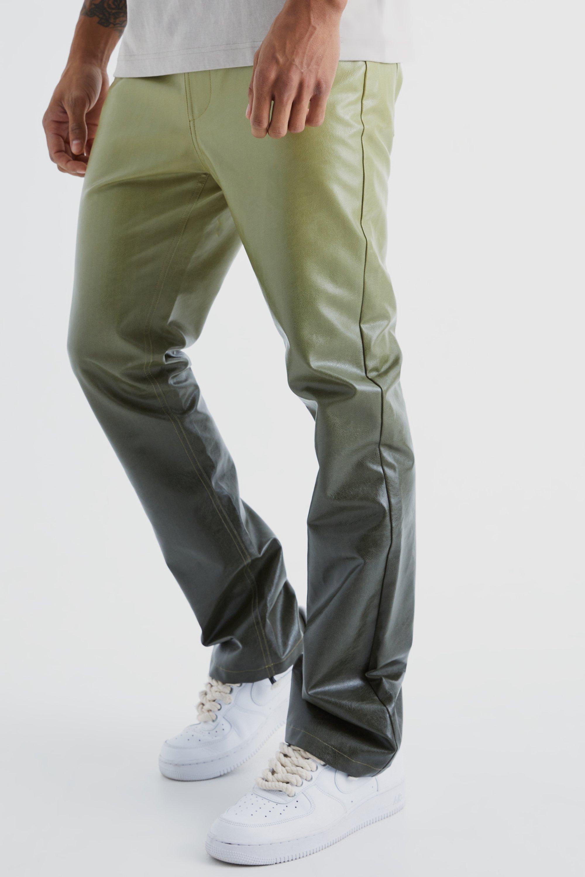 Mens Green Fixed Waist Slim Flare Ombre Pu Trousers, Green