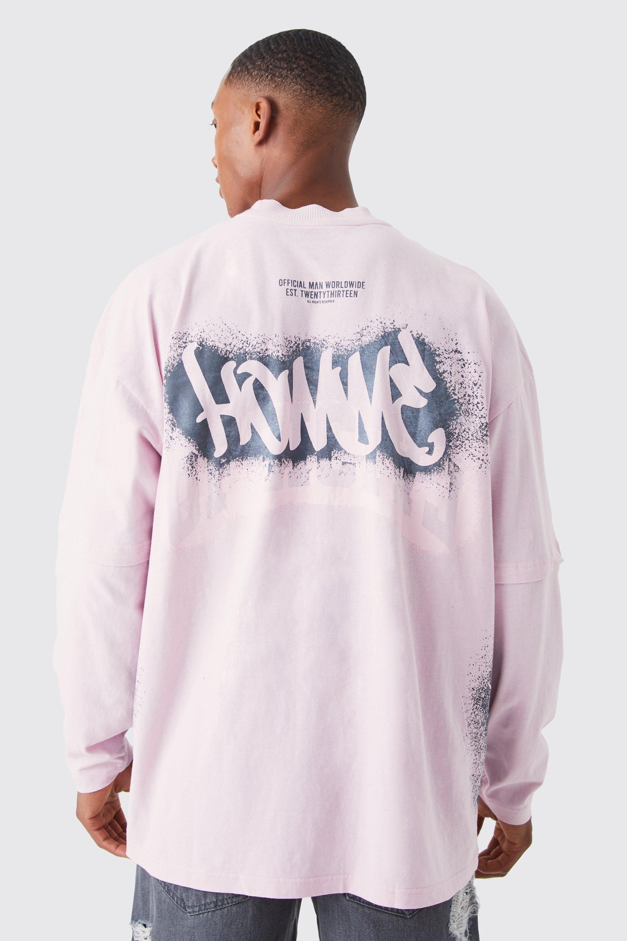 Mens Pink oversized faux layered sleeve graffiti t-shirt, Pink