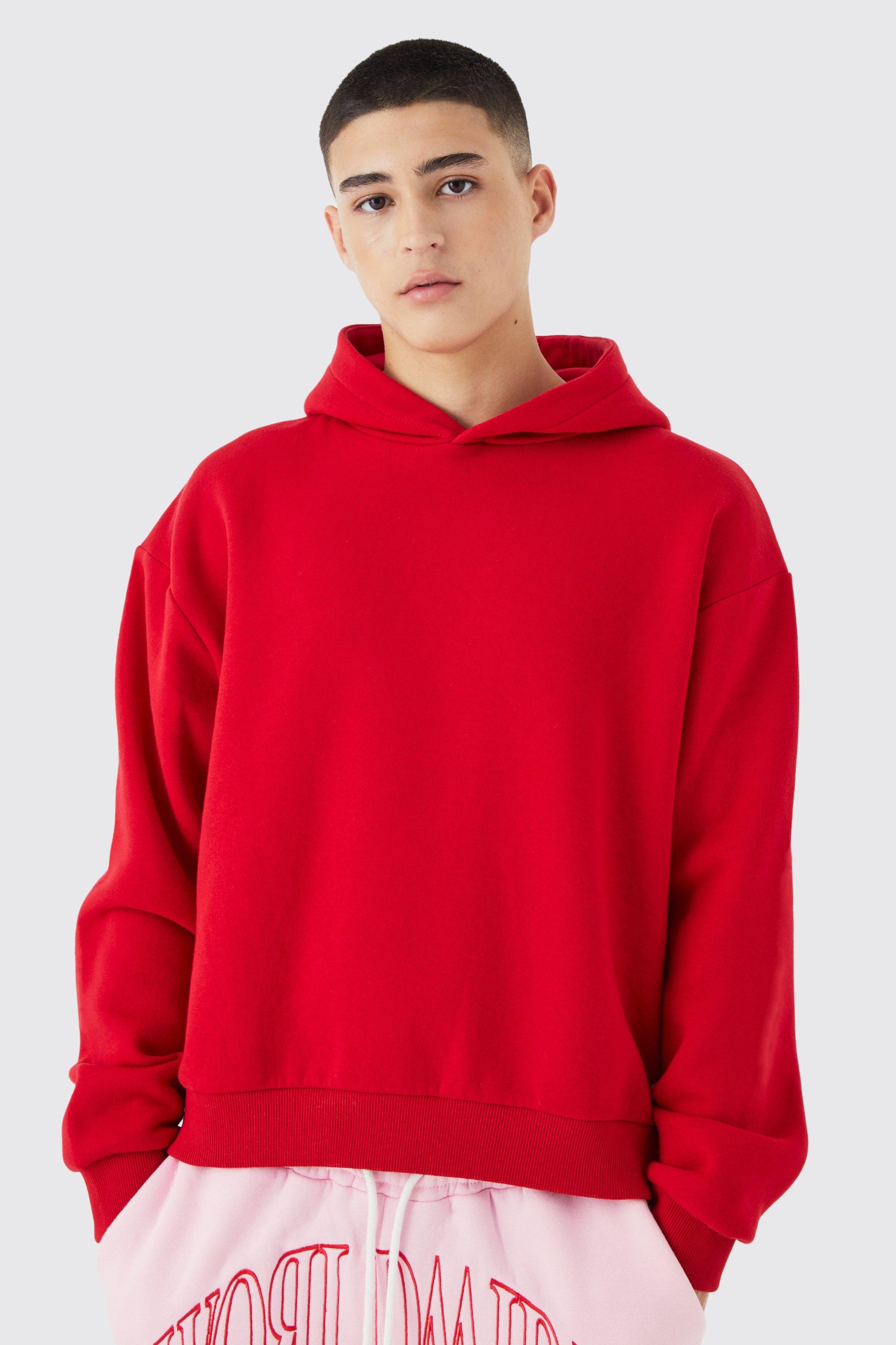 Mens Red Oversized Boxy Printed Hoodie, Red