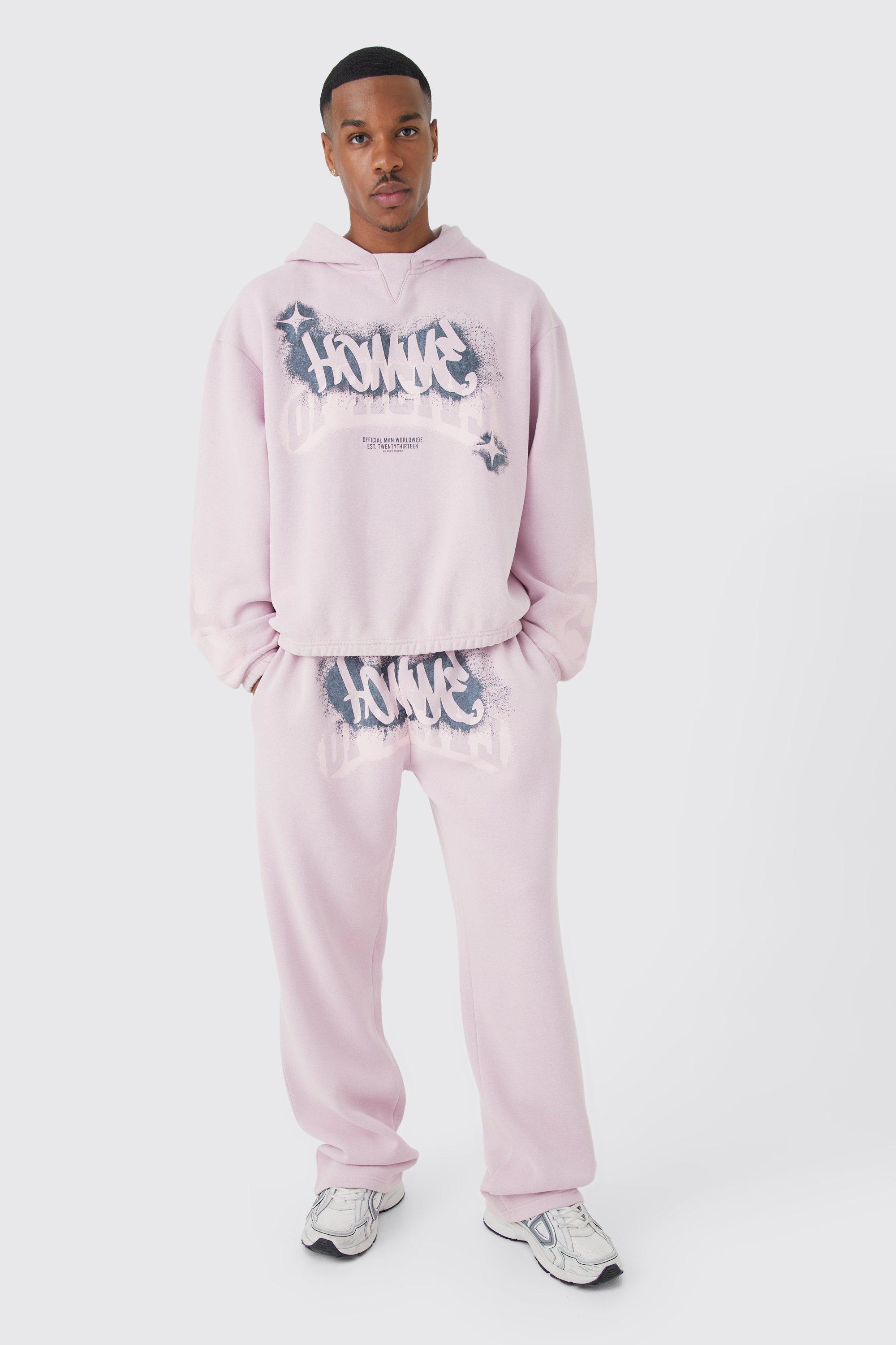 men's boxy fit homme graffiti print tracksuit - pink - s, pink