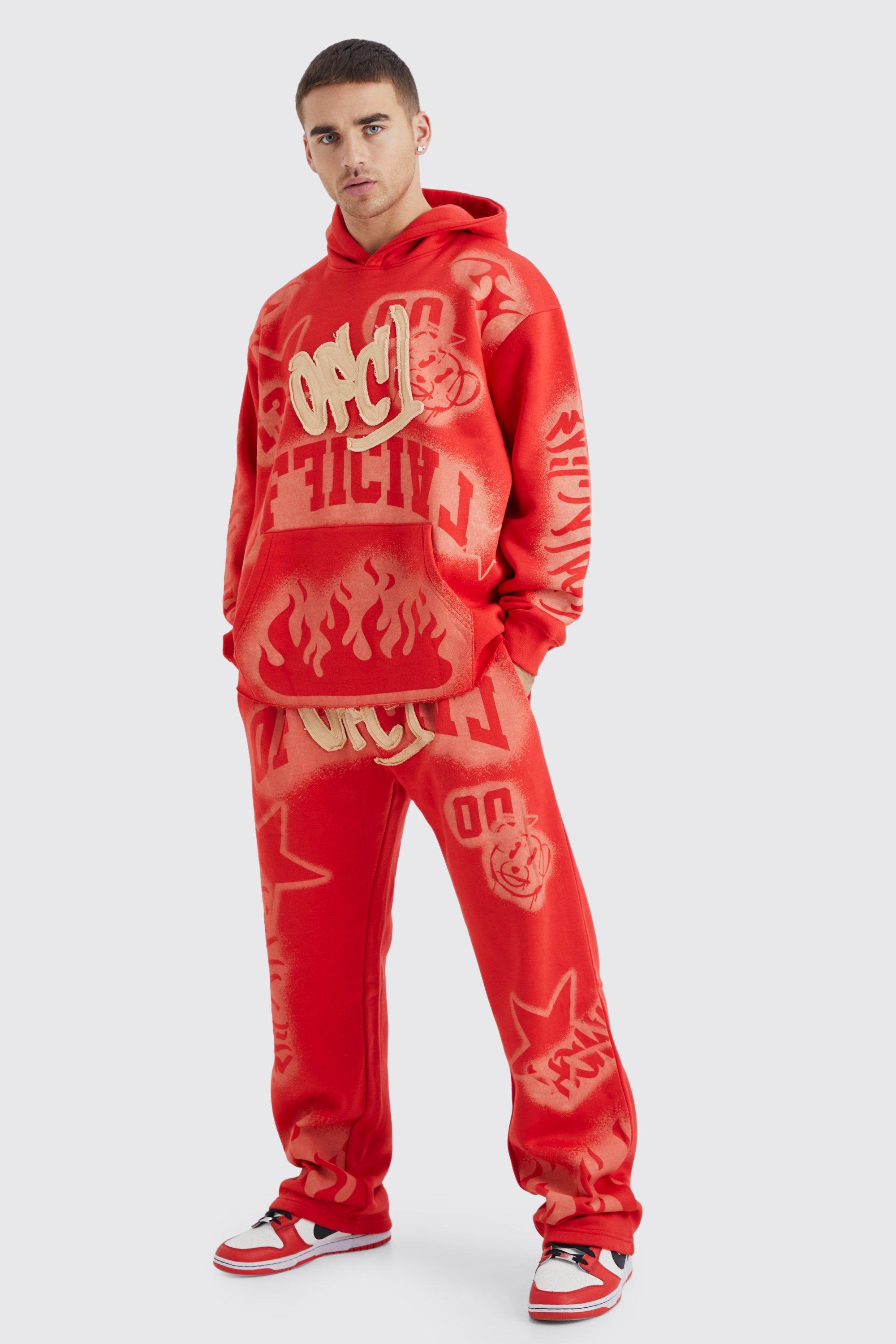 Mens Red Oversized Graffiti Print Applique Tracksuit, Red