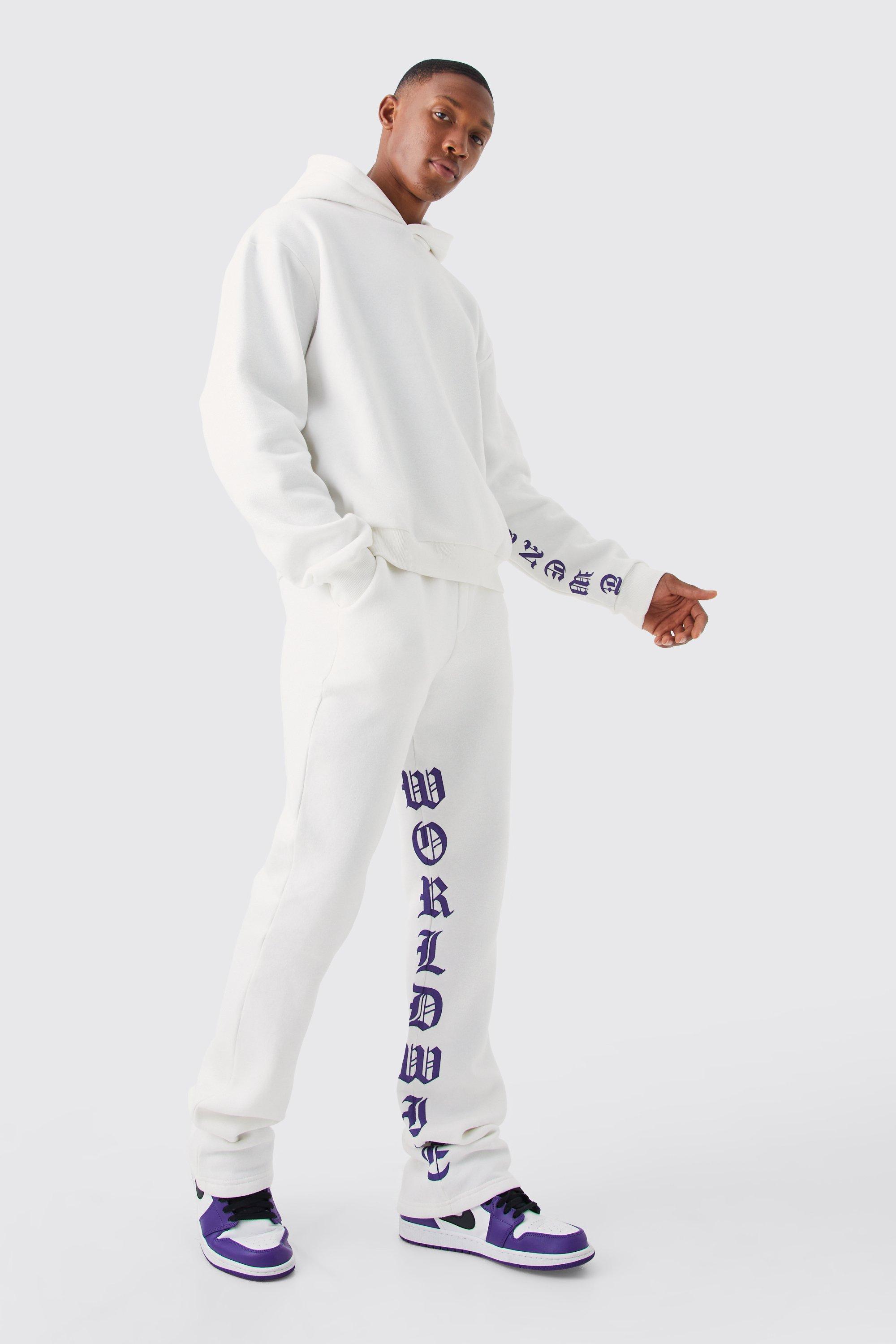 Mens Cream Oversized Boxy Printed Flared Tracksuit, Cream