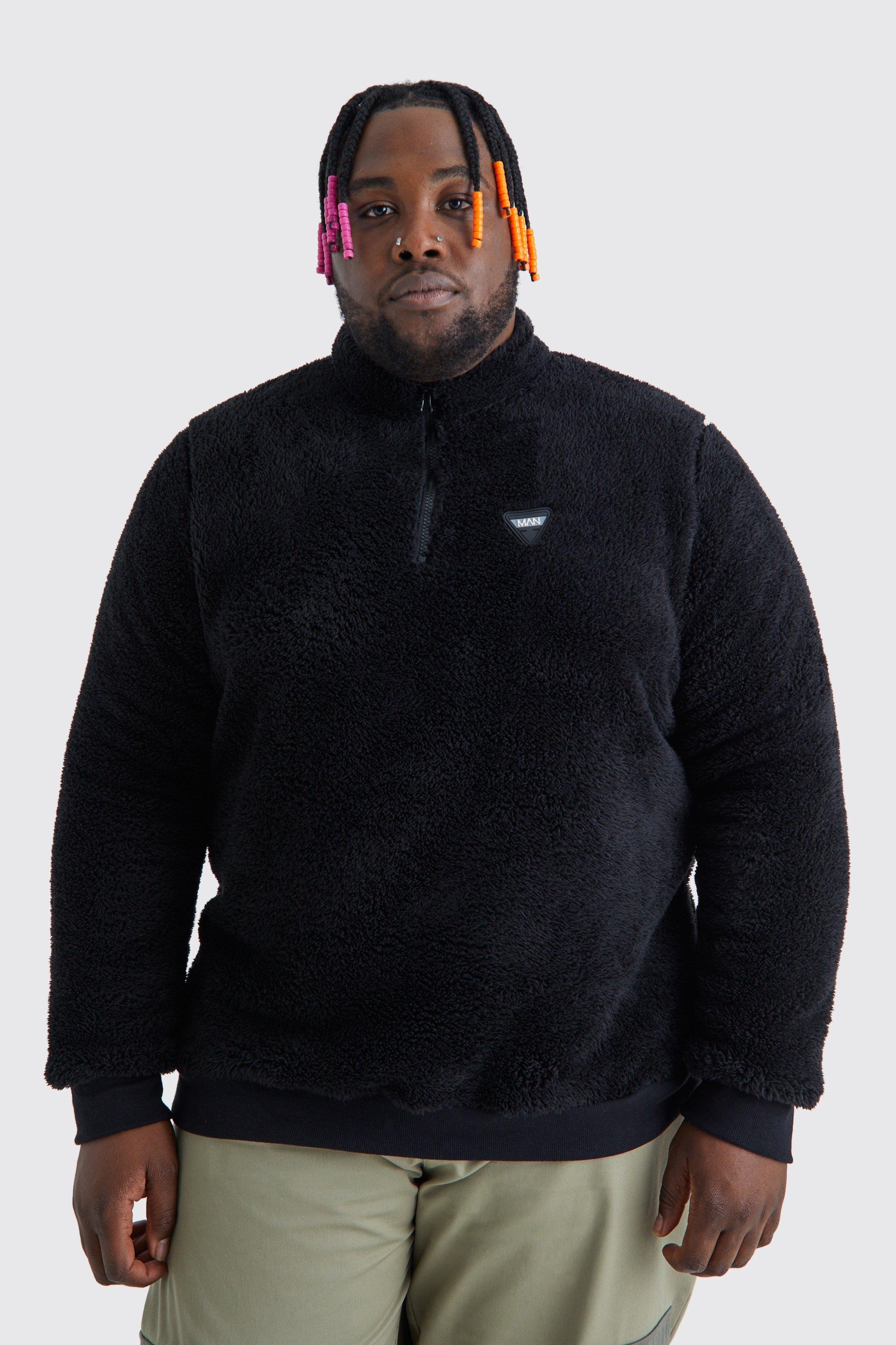 Mens Black Plus Borg Funnel Neck Rubber Badge Sweatshirt, Black