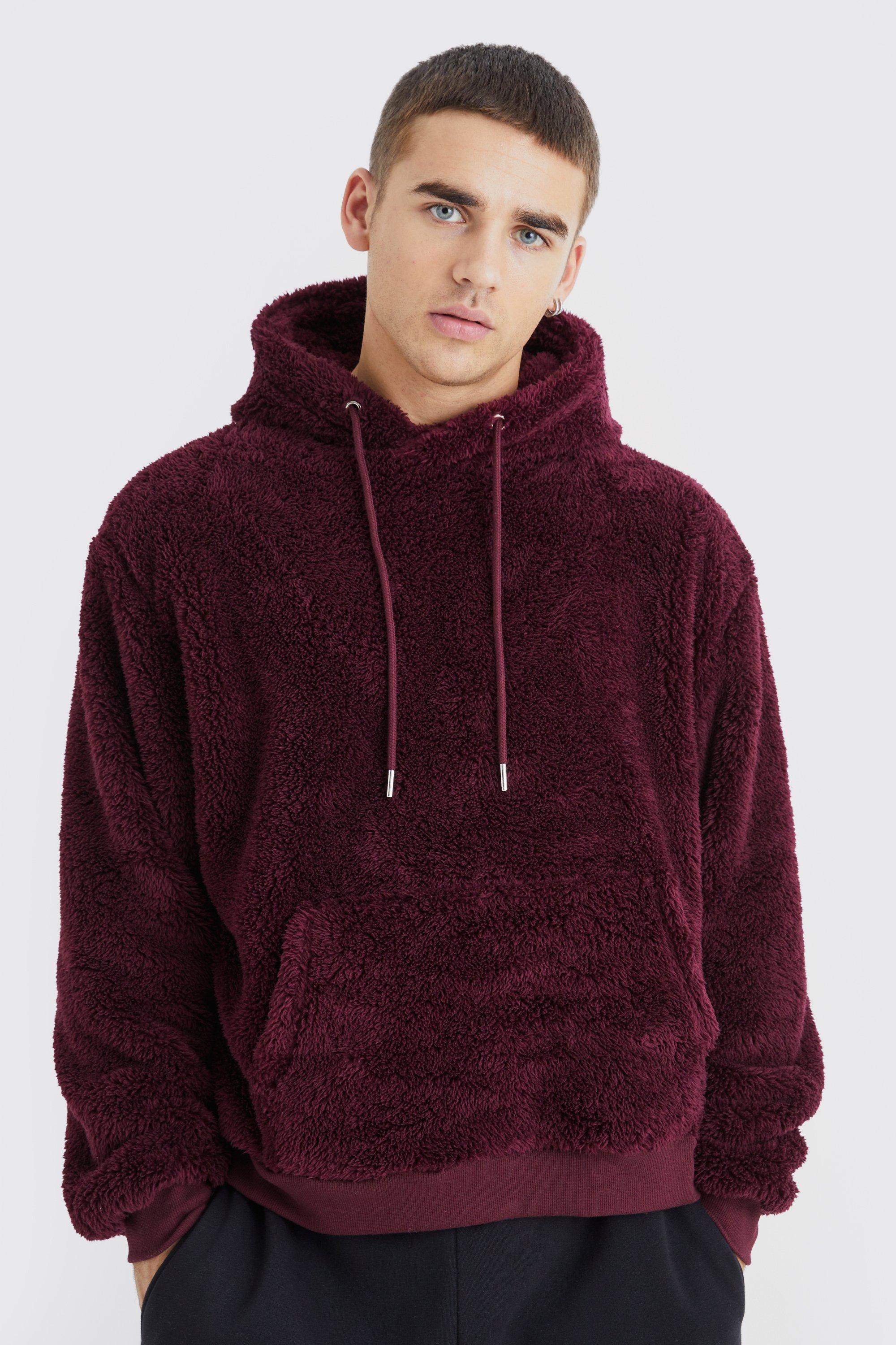 Mens Red Oversized Boxy Borg Over The Head Hoodie, Red