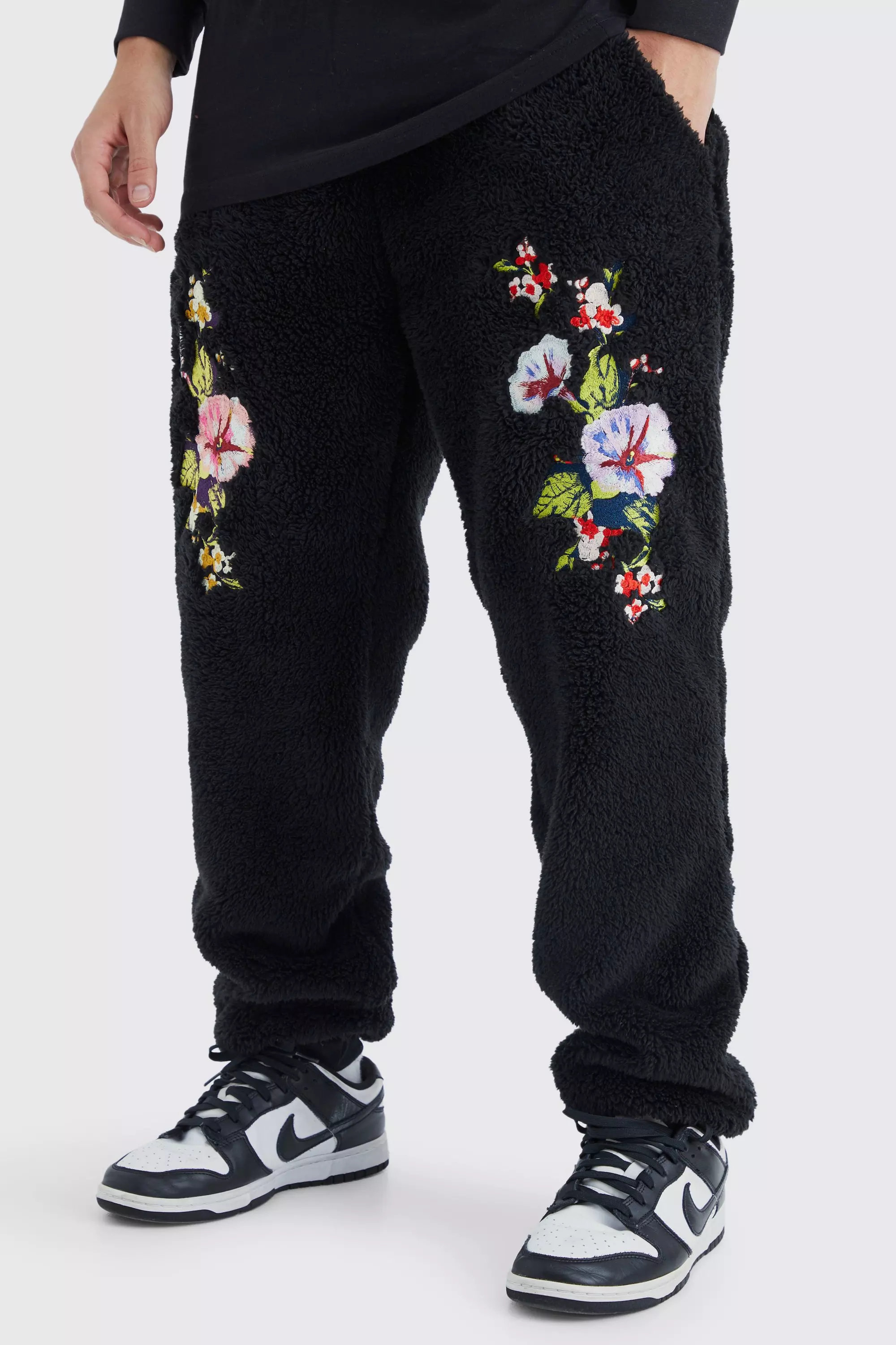 Borg Jogger With Floral Embroidery boohooMAN