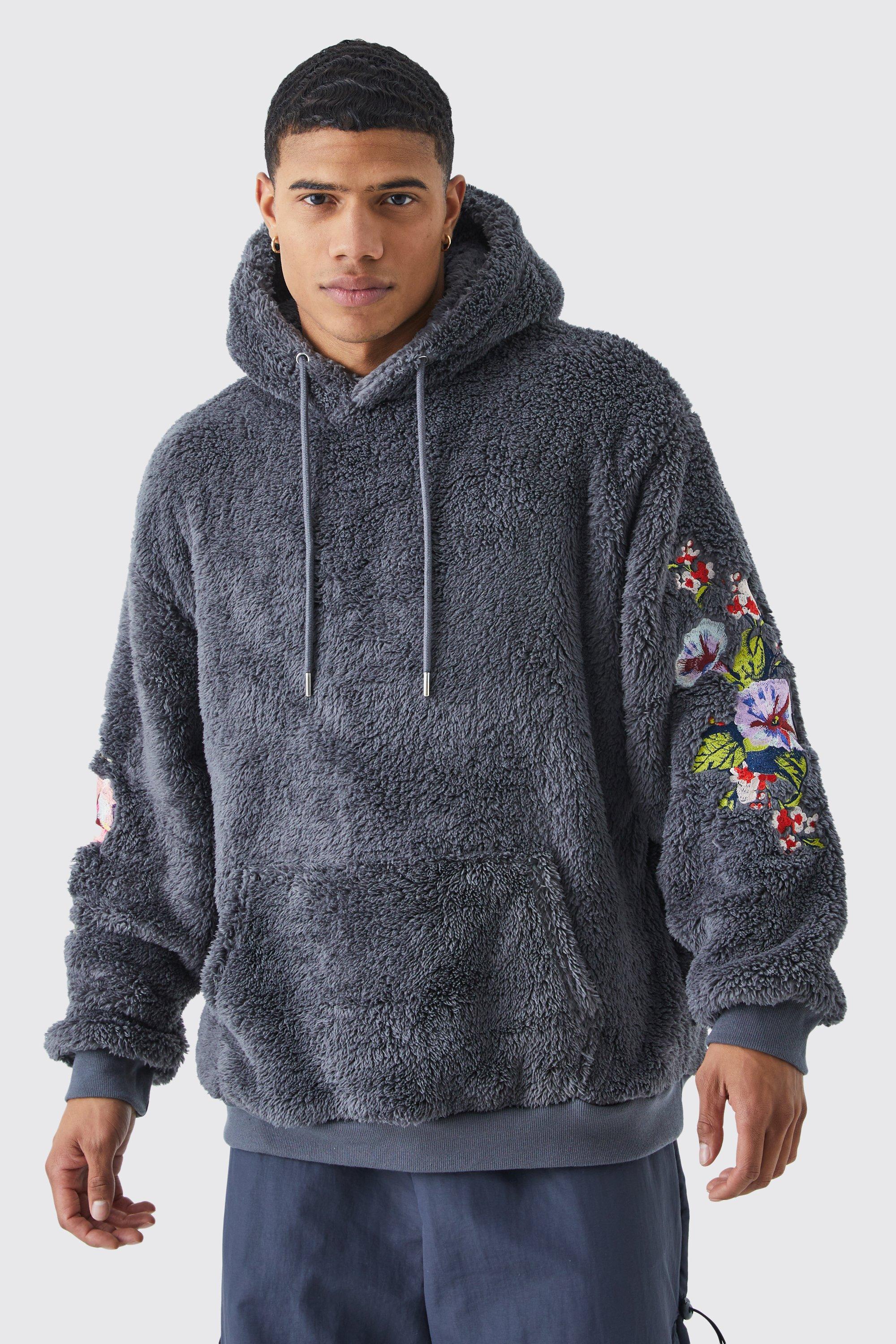 Mens Grey Oversized Borg Floral Embroidered Hooded Tracksuit, Grey