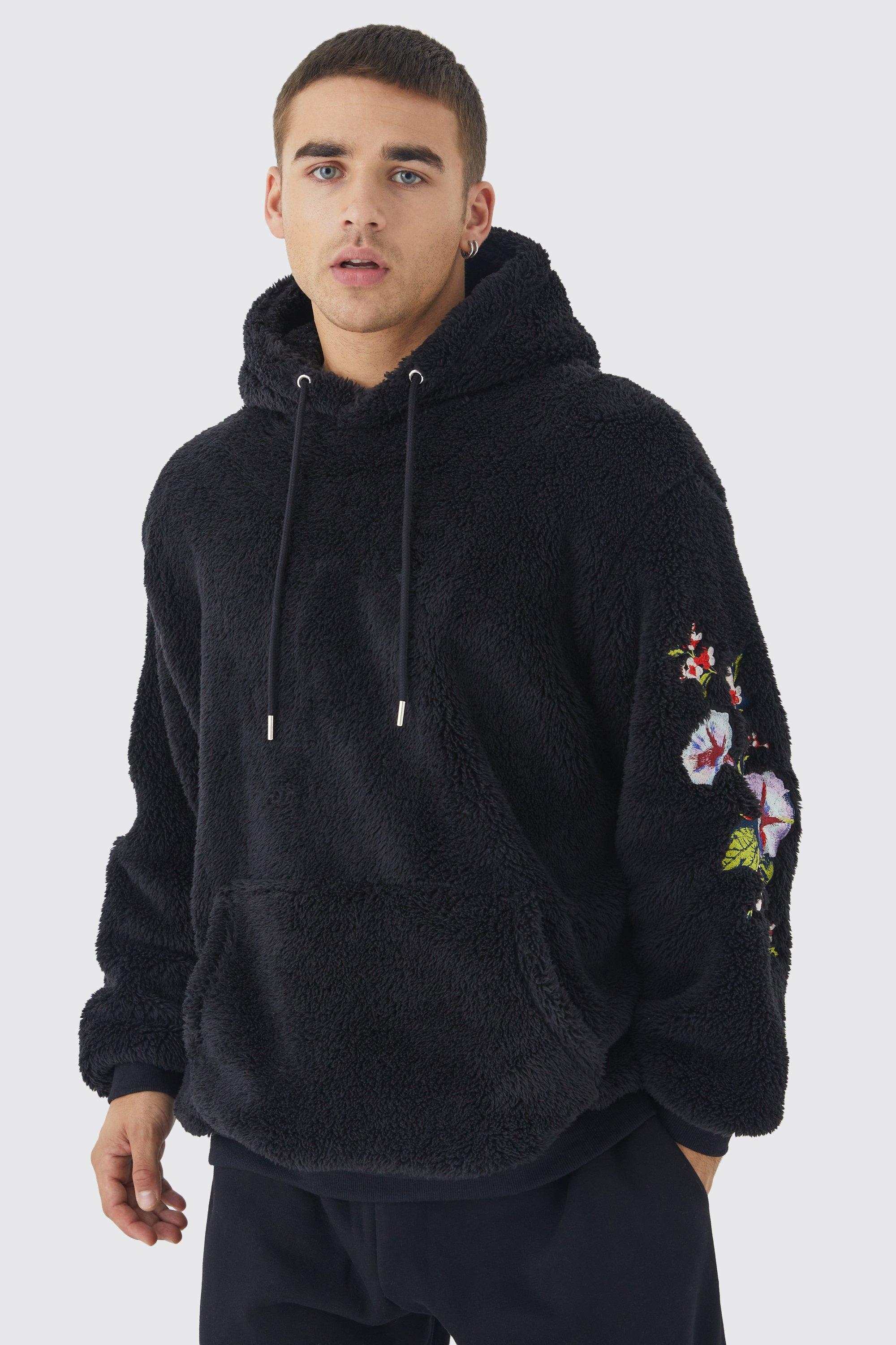 Mens Black Oversized Borg Hoodie With Floral Embroidery, Black